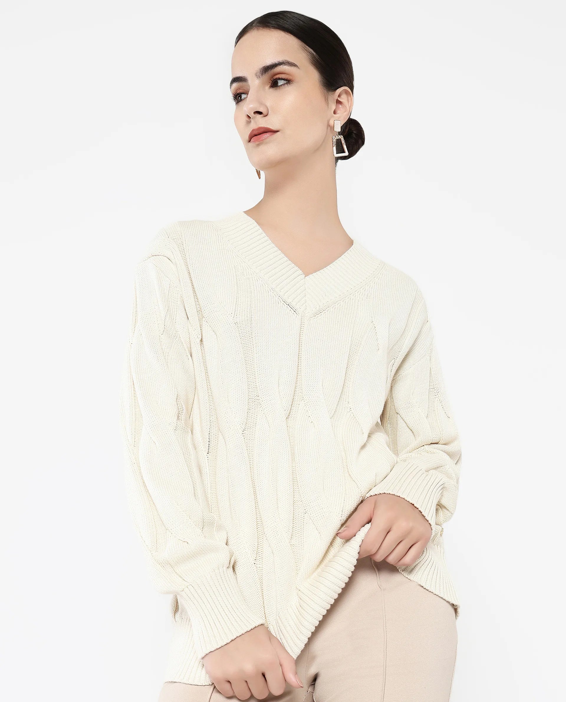Rareism Women Pax Off White Oversized Fit Plain Sweater