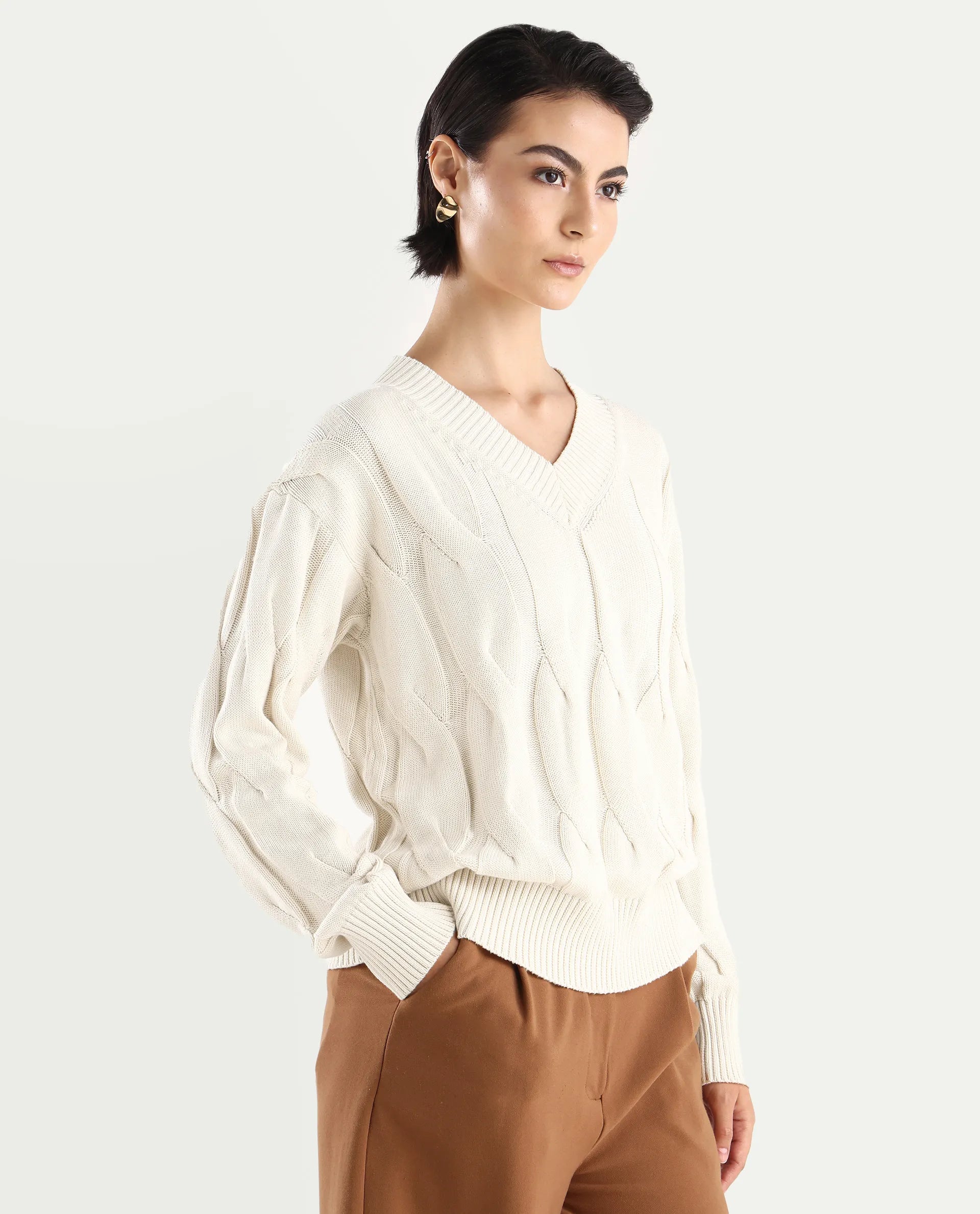 Rareism Women's Pax Off White Cotton V-Neck Plain Relaxed Fit Sweater
