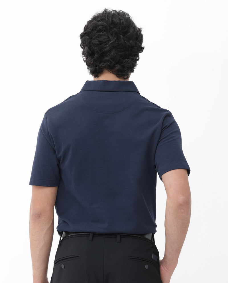 Rare Rabbit Mens Paxton Navy Short Sleeve Snap Button Closure Solid Polo T-Shirt