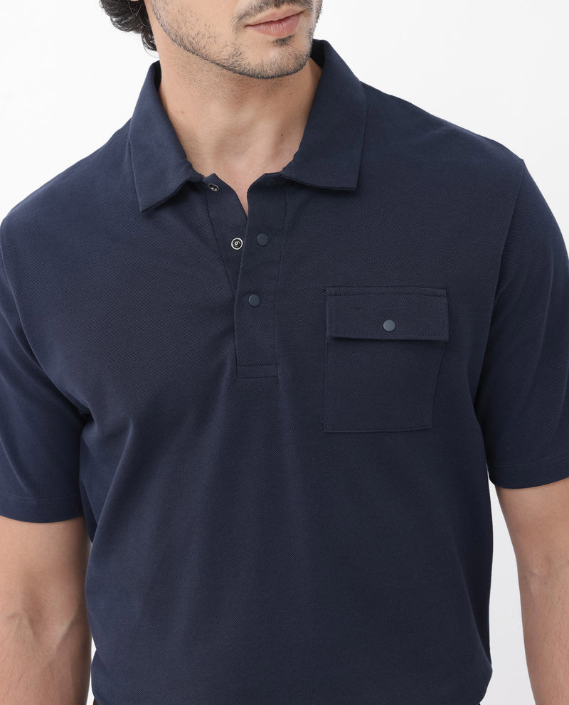 Rare Rabbit Mens Paxton Navy Short Sleeve Snap Button Closure Solid Polo T-Shirt