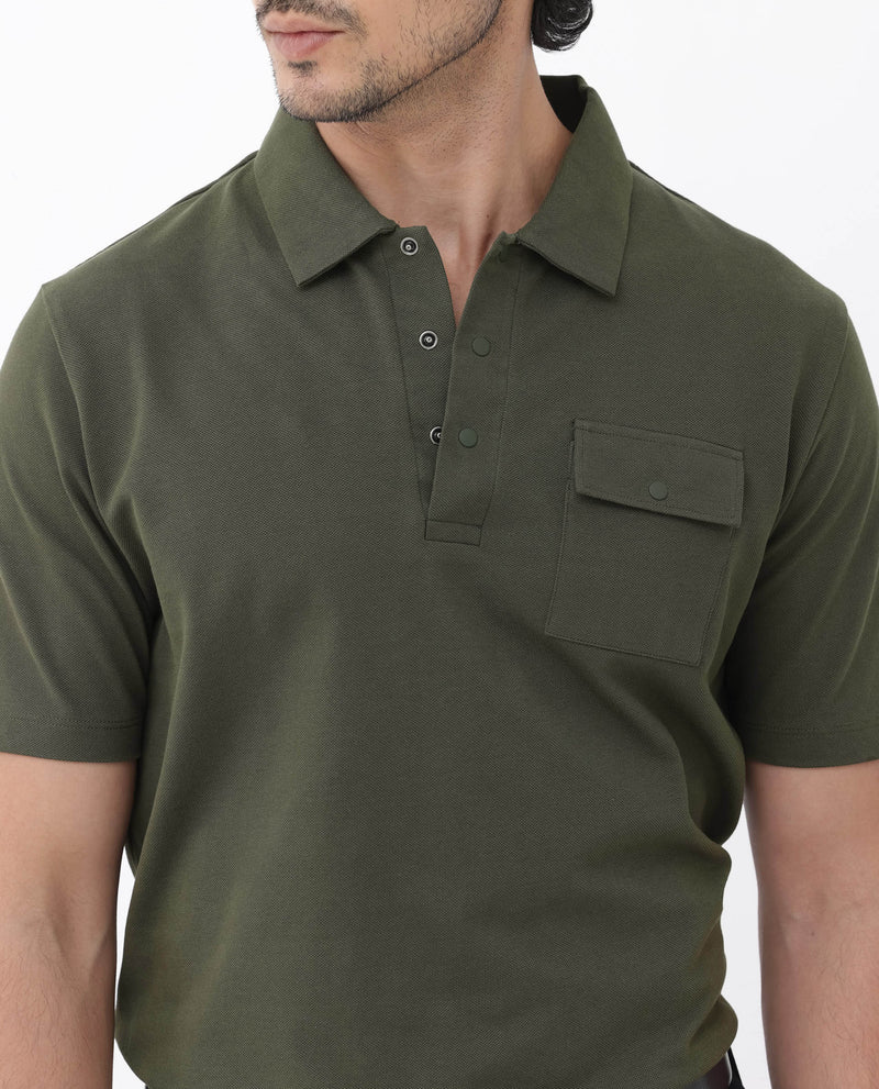 Rare Rabbit Mens Paxton Olive Short Sleeve Snap Button Closure Solid Polo T-Shirt
