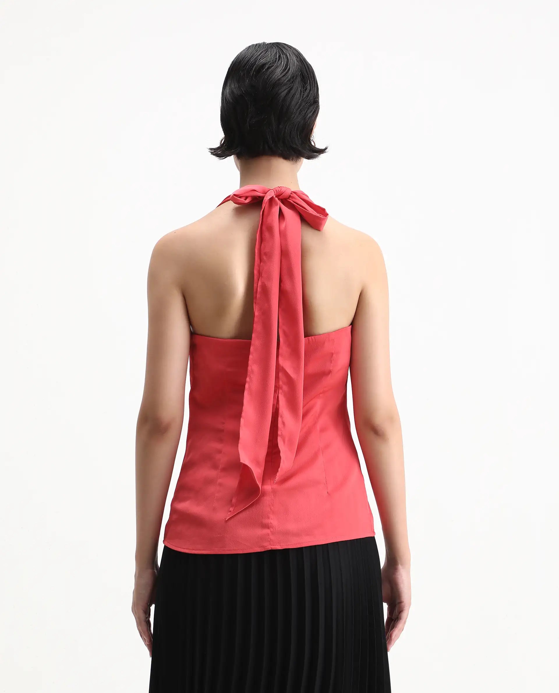 Rareism Women's Paxton Pastel Orange Satin Halter Neck Plain Sleeveless Regular Fit Top