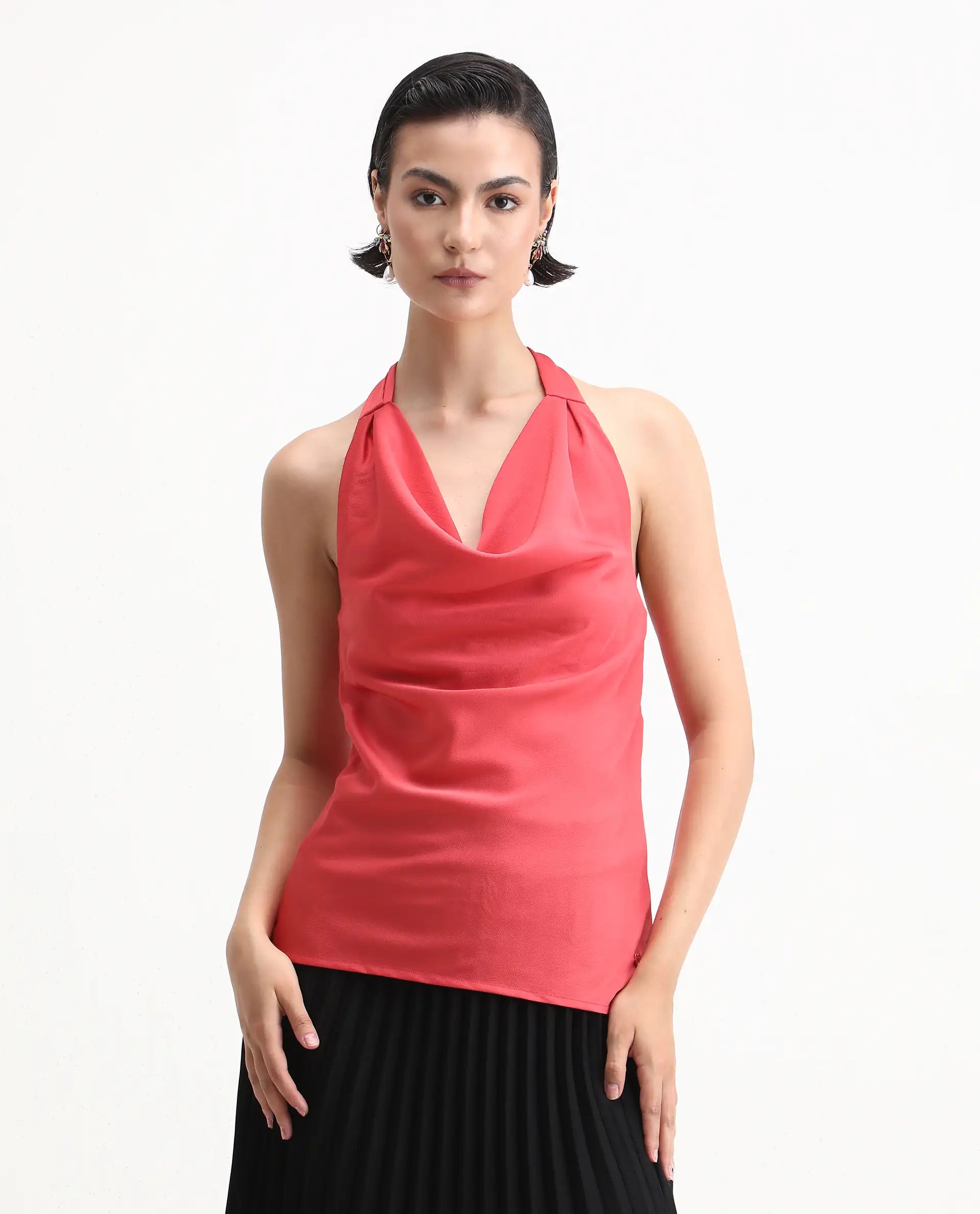 Rareism Women's Paxton Pastel Orange Satin Halter Neck Plain Sleeveless Regular Fit Top