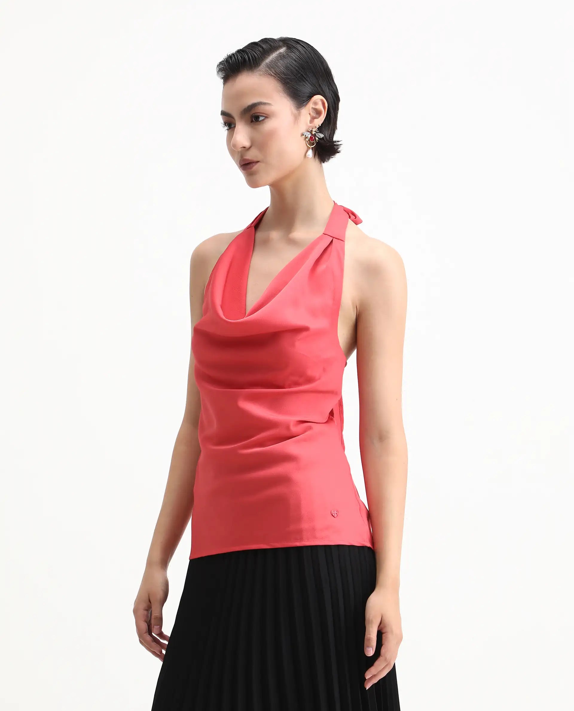 Rareism Women's Paxton Pastel Orange Satin Halter Neck Plain Sleeveless Regular Fit Top