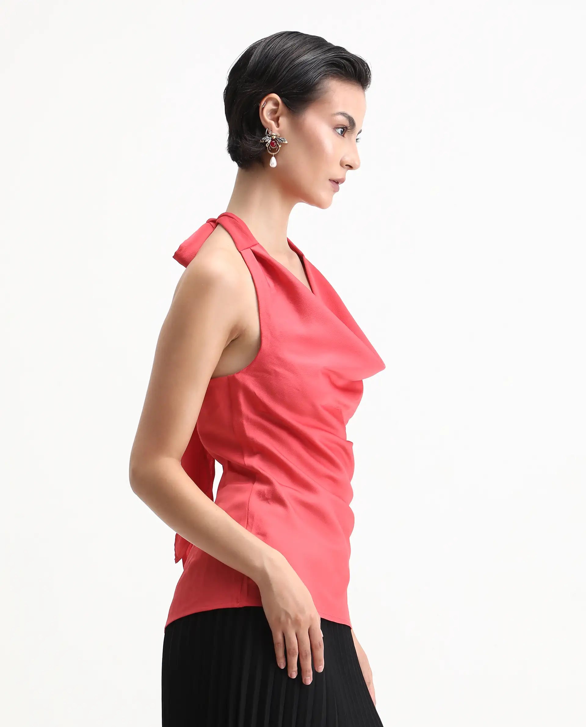 Rareism Women's Paxton Pastel Orange Satin Halter Neck Plain Sleeveless Regular Fit Top