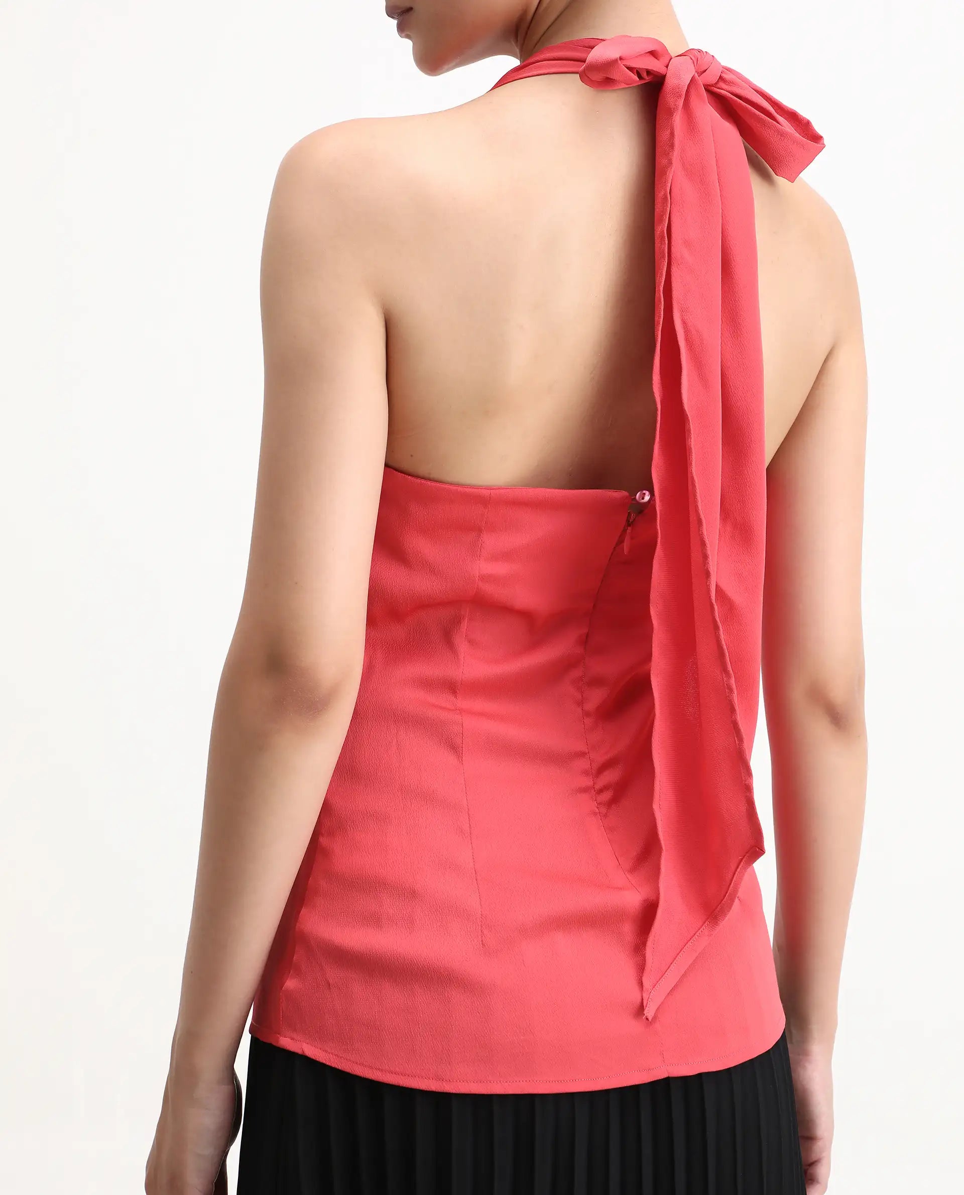 Rareism Women's Paxton Pastel Orange Satin Halter Neck Plain Sleeveless Regular Fit Top