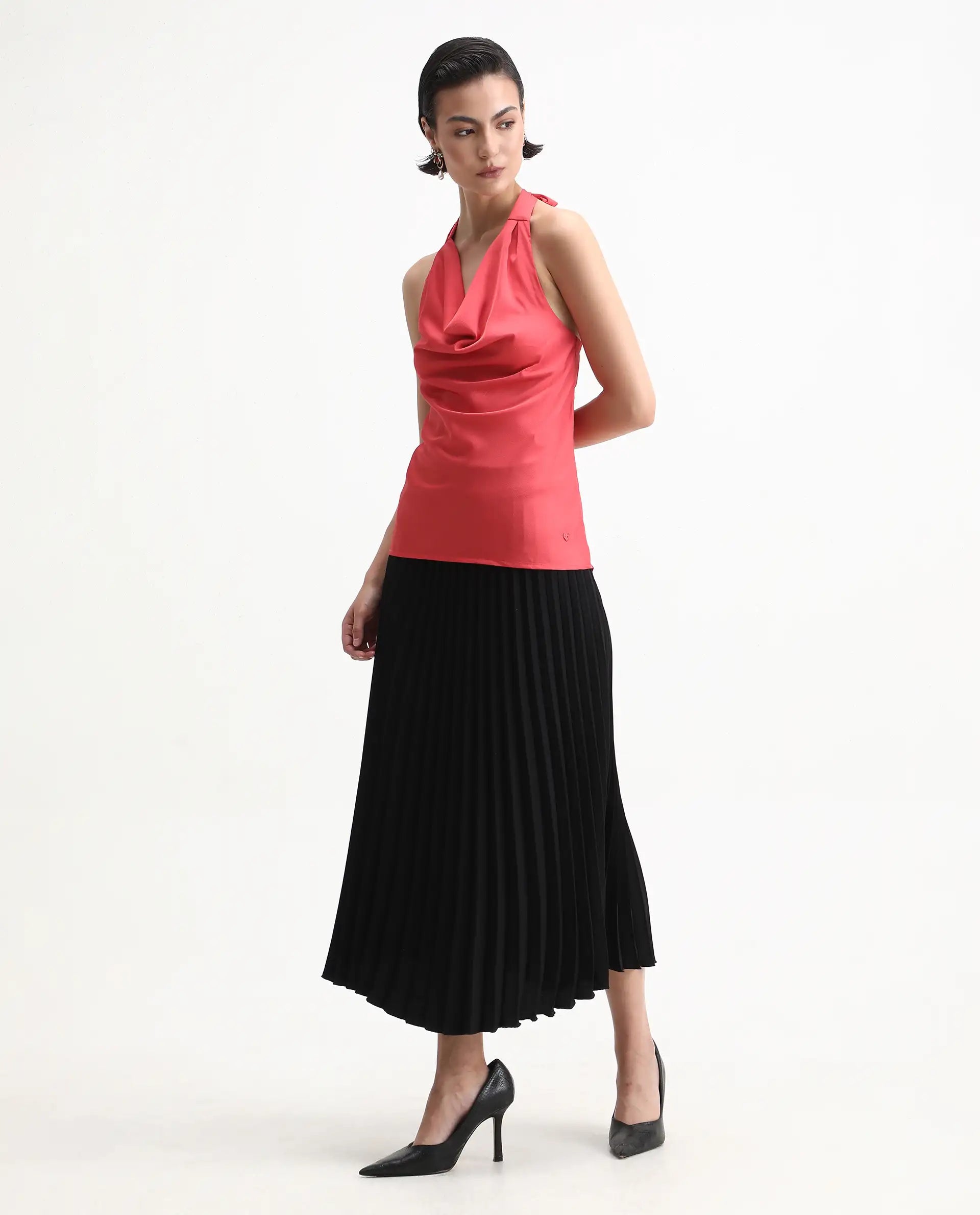 Rareism Women's Paxton Pastel Orange Satin Halter Neck Plain Sleeveless Regular Fit Top