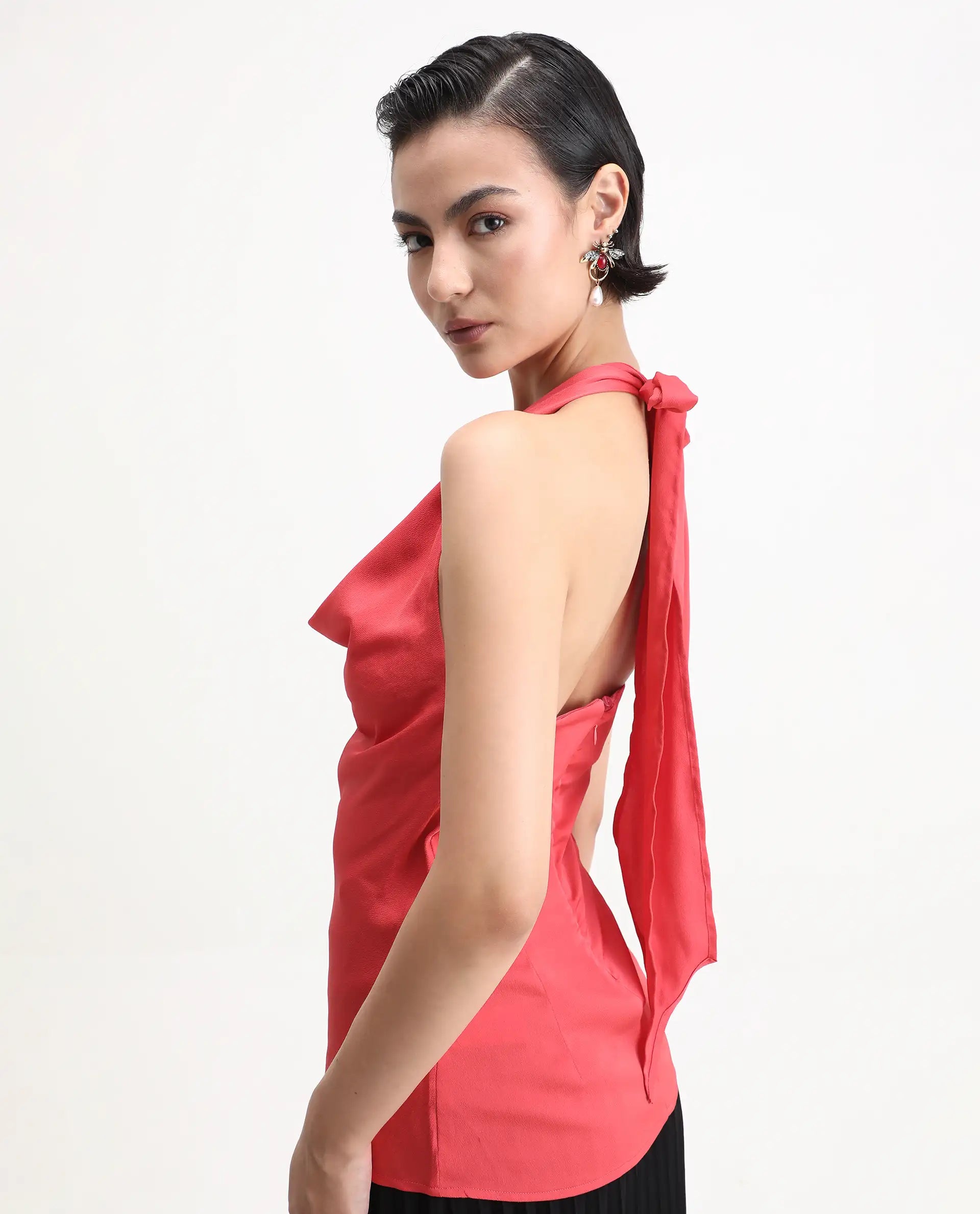 Rareism Women's Paxton Pastel Orange Satin Halter Neck Plain Sleeveless Regular Fit Top