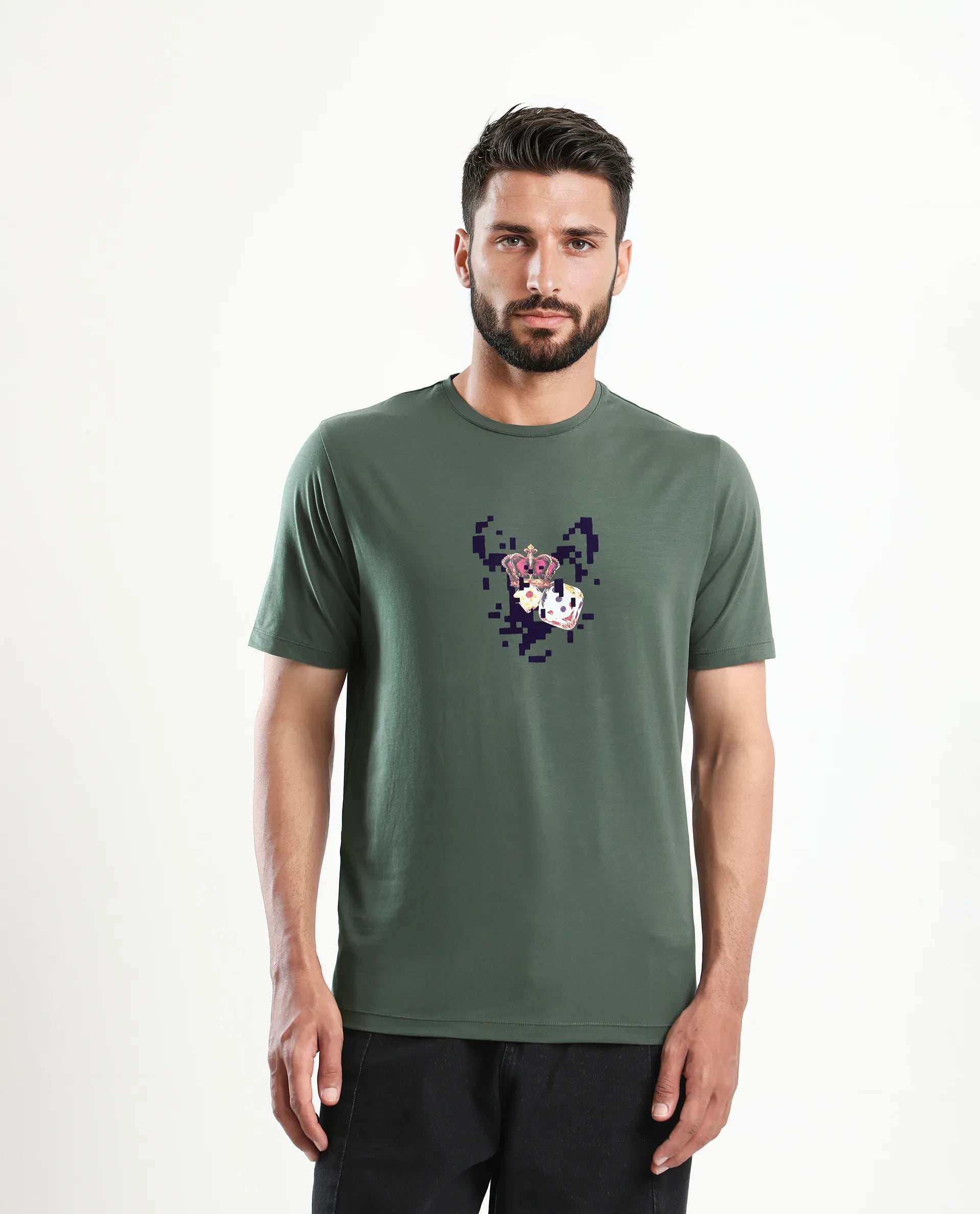 Rare Rabbit Men's Pazo Dusky Green Cotton Blend Graphic Print Regular Fit Half Sleeve Crew Neck T-Shirt