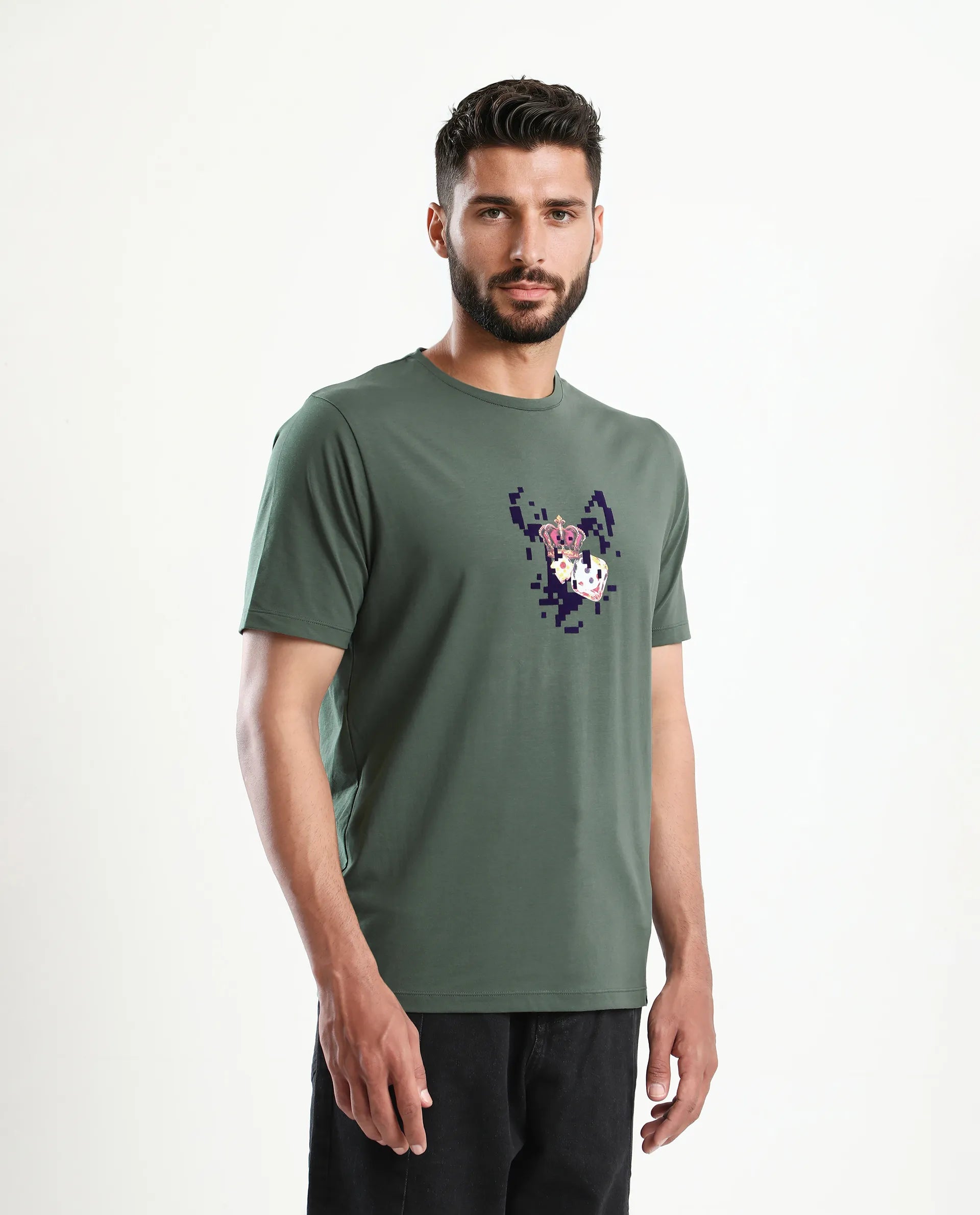 Rare Rabbit Men's Pazo Dusky Green Cotton Blend Graphic Print Regular Fit Half Sleeve Crew Neck T-Shirt