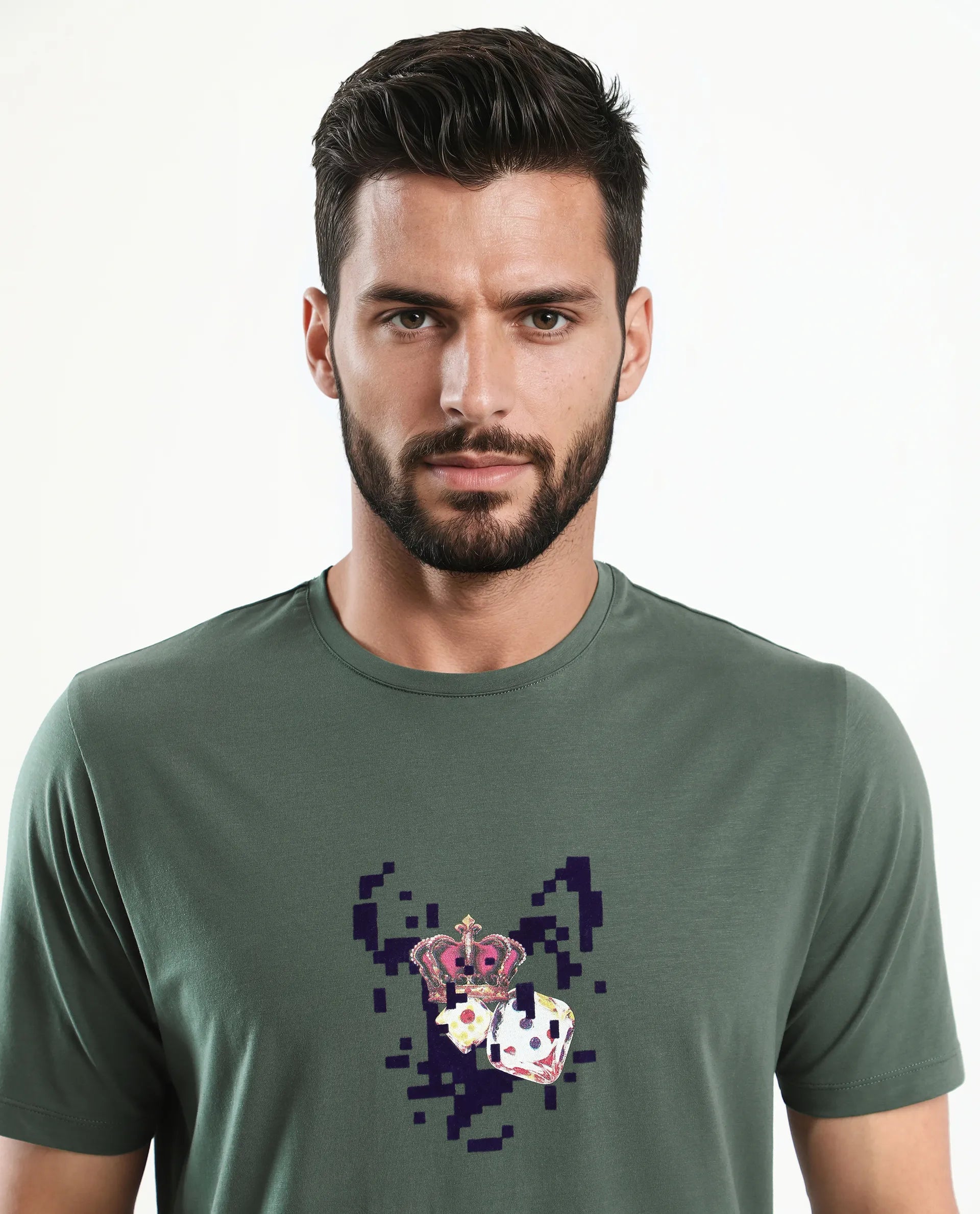 Rare Rabbit Men's Pazo Dusky Green Cotton Blend Graphic Print Regular Fit Half Sleeve Crew Neck T-Shirt