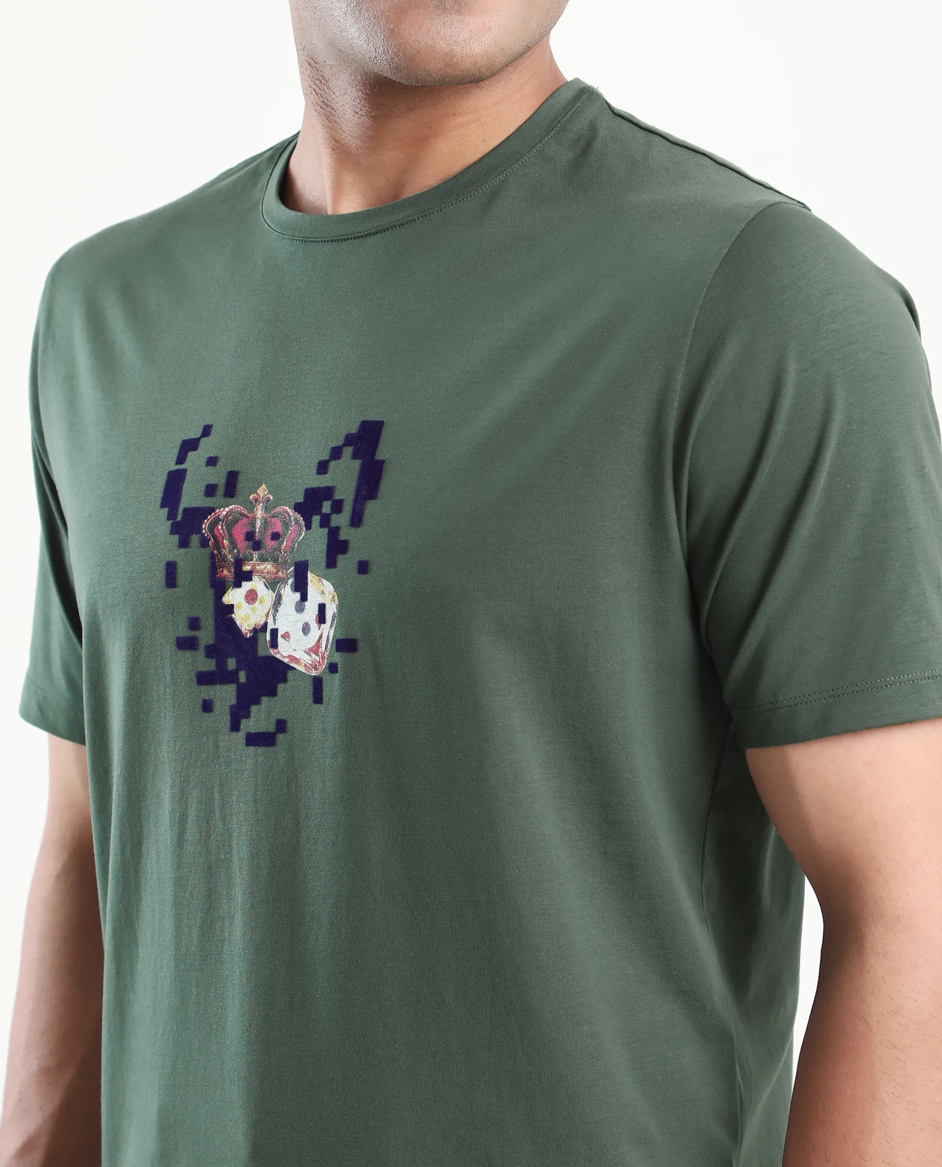 Rare Rabbit Men's Pazo Dusky Green Cotton Blend Graphic Print Regular Fit Half Sleeve Crew Neck T-Shirt