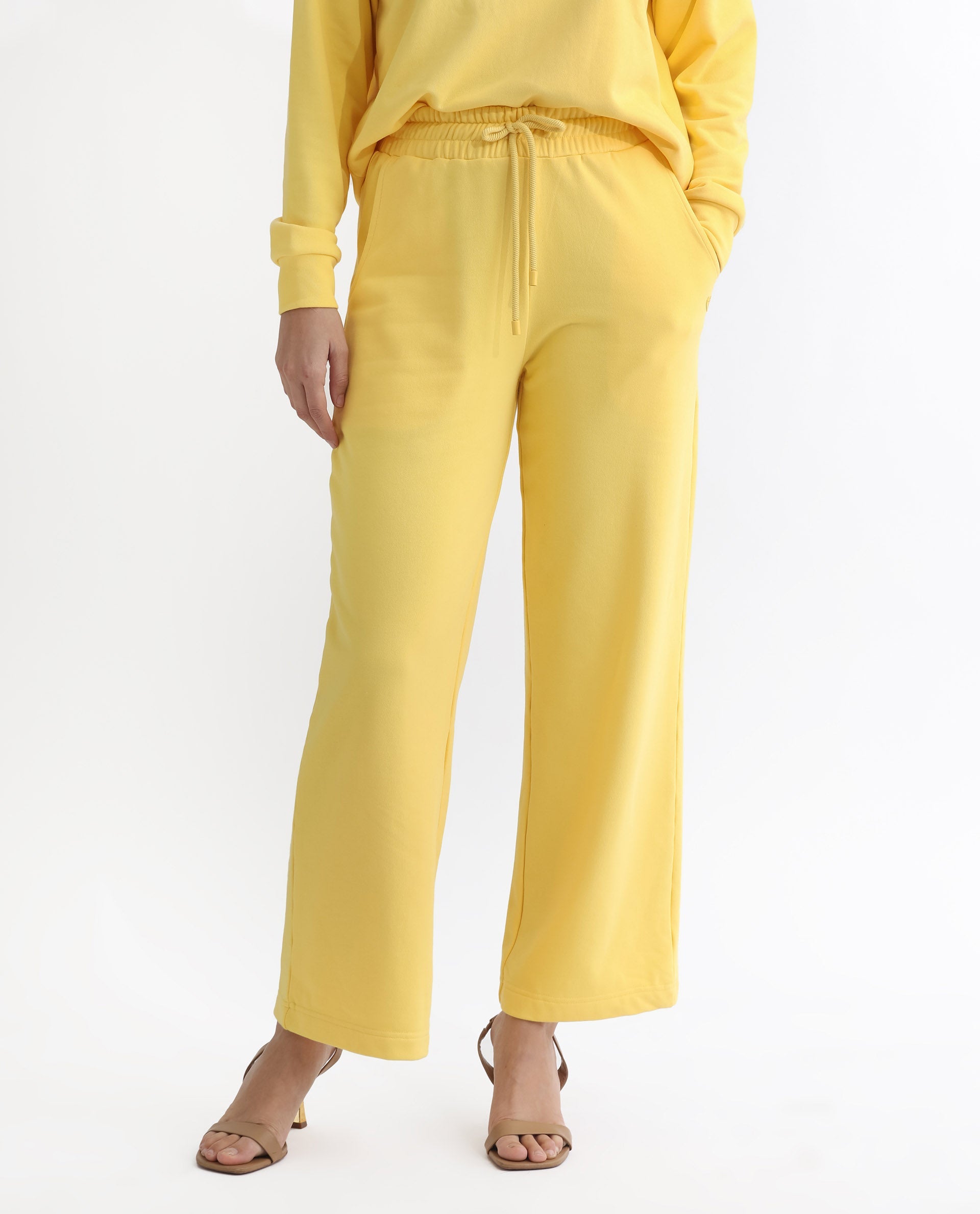 Rareism Articale Women Pazoo T Yellow Cotton Blend Fabric Drawstring Closure Flared Fit Plain Ankle Length Track Pant