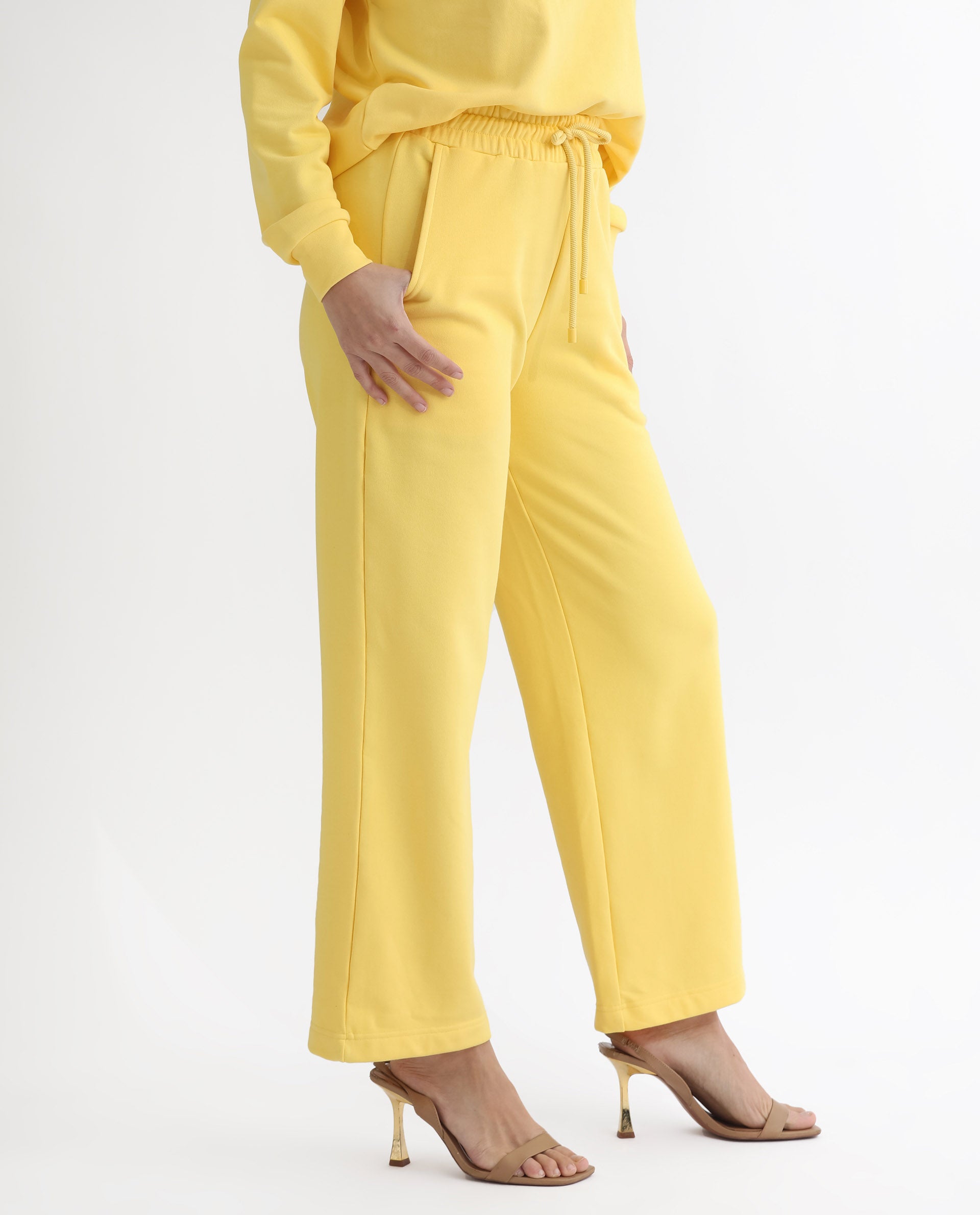 Rareism Articale Women Pazoo T Yellow Cotton Blend Fabric Drawstring Closure Flared Fit Plain Ankle Length Track Pant