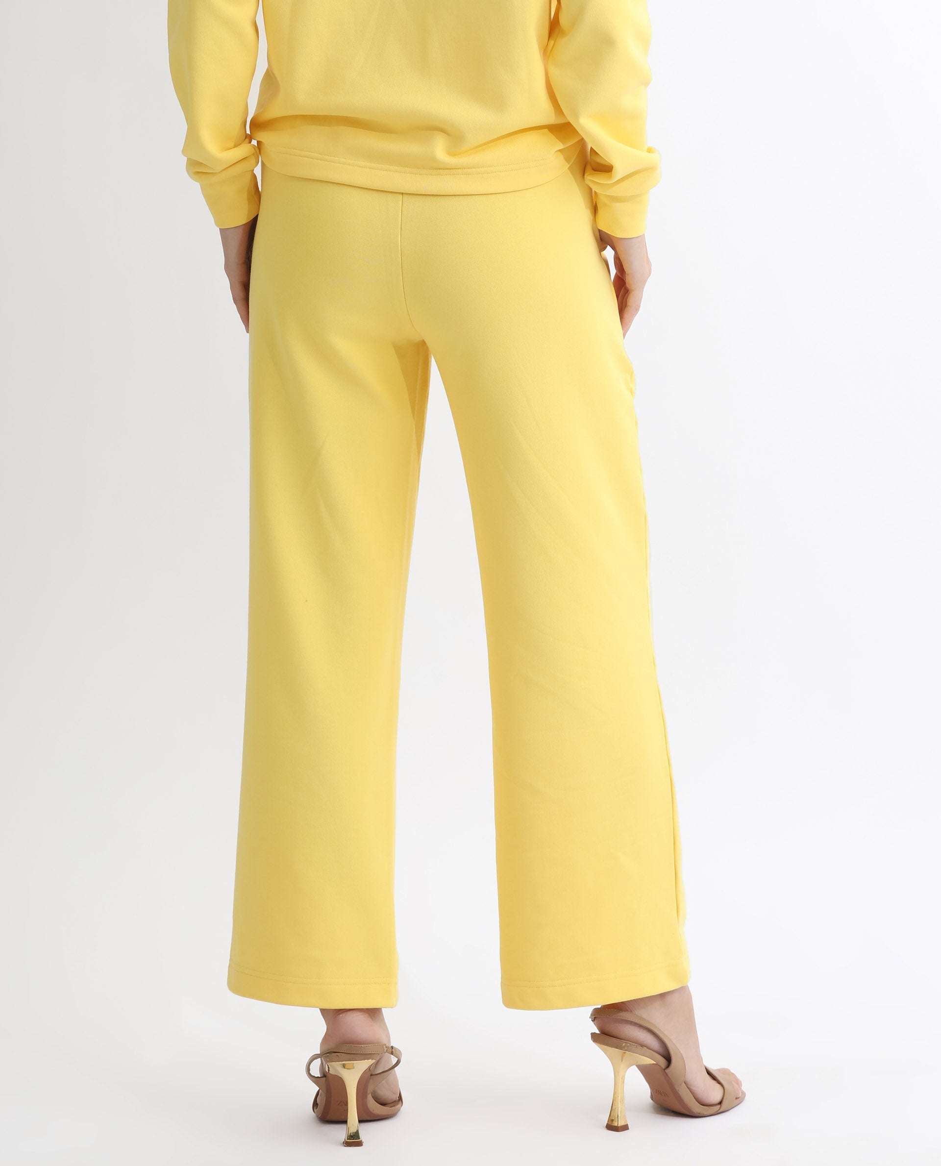 Rareism Articale Women Pazoo T Yellow Cotton Blend Fabric Drawstring Closure Flared Fit Plain Ankle Length Track Pant
