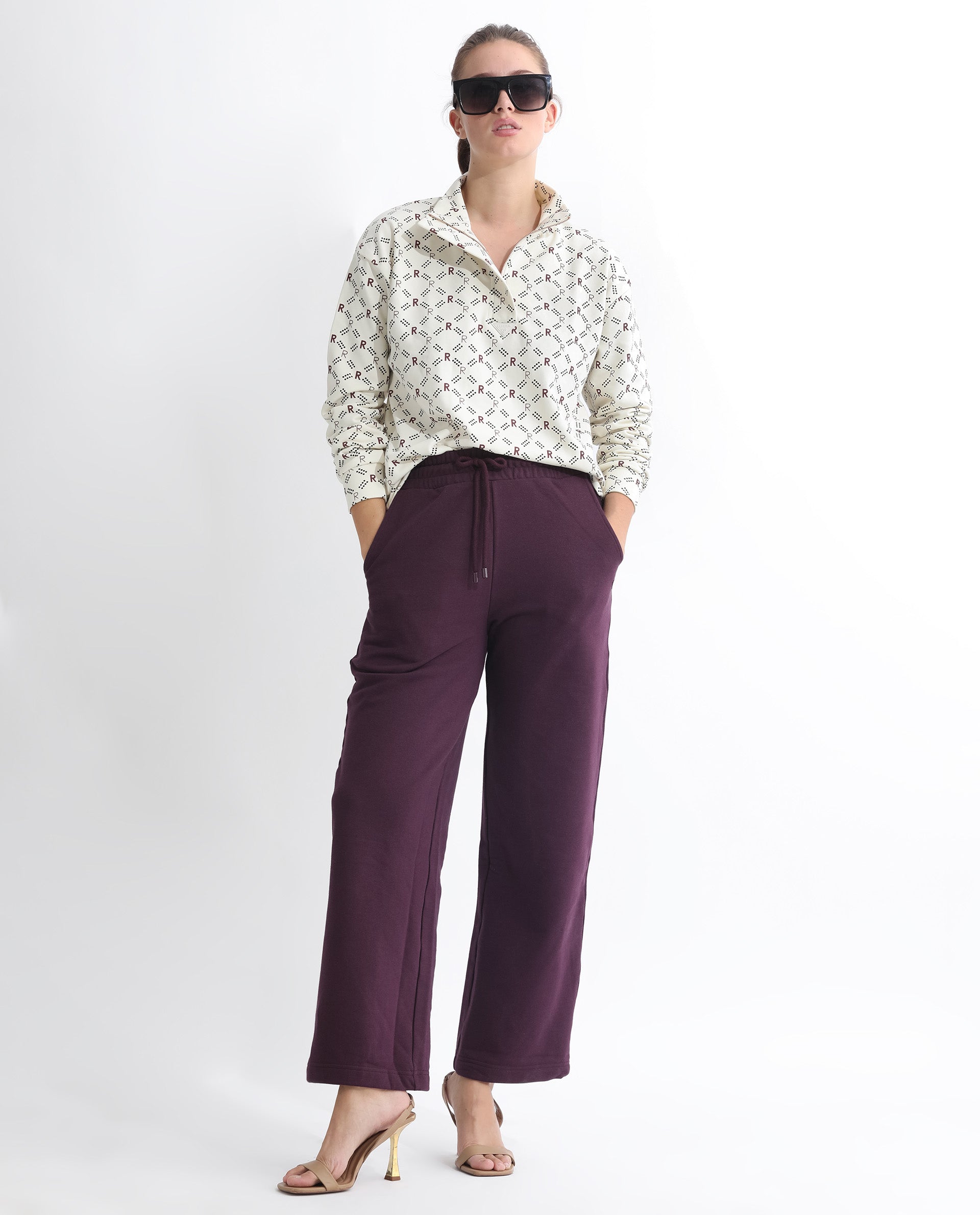 Rareism Women Pazoo T Dark Maroon Cotton Blend Fabric Flared Solid Mid Rise Ankle Length Track Pant