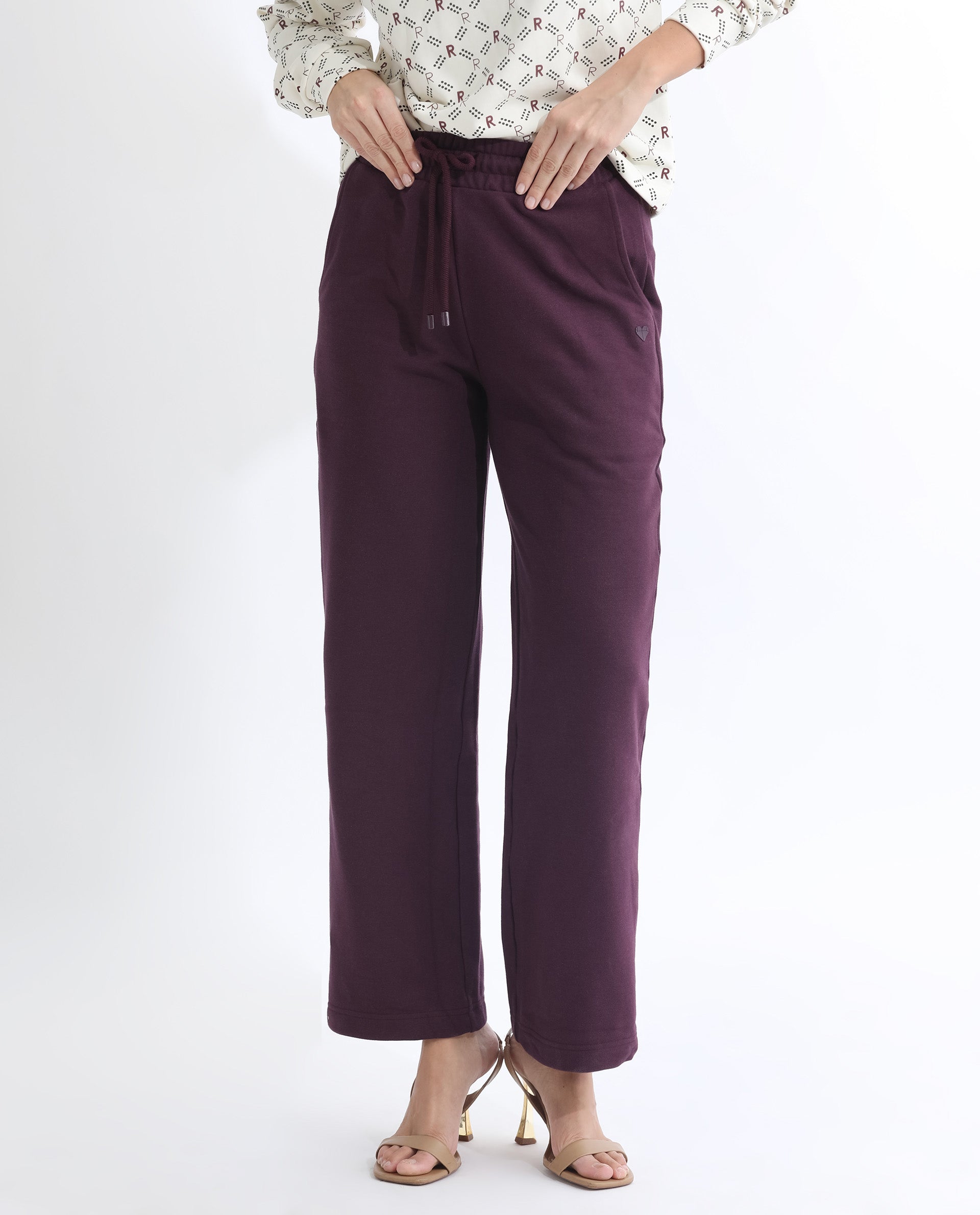 Rareism Women Pazoo T Dark Maroon Cotton Blend Fabric Flared Solid Mid Rise Ankle Length Track Pant