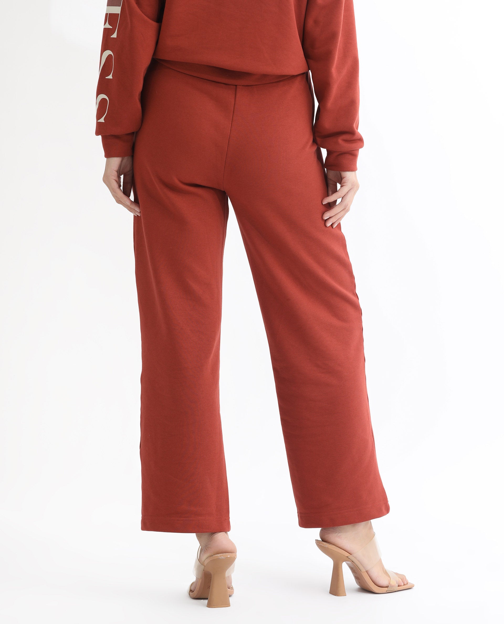 Rareism Women Pazoo T Rust Cotton Blend Fabric Flared Solid Mid Rise Ankle Length Track Pant