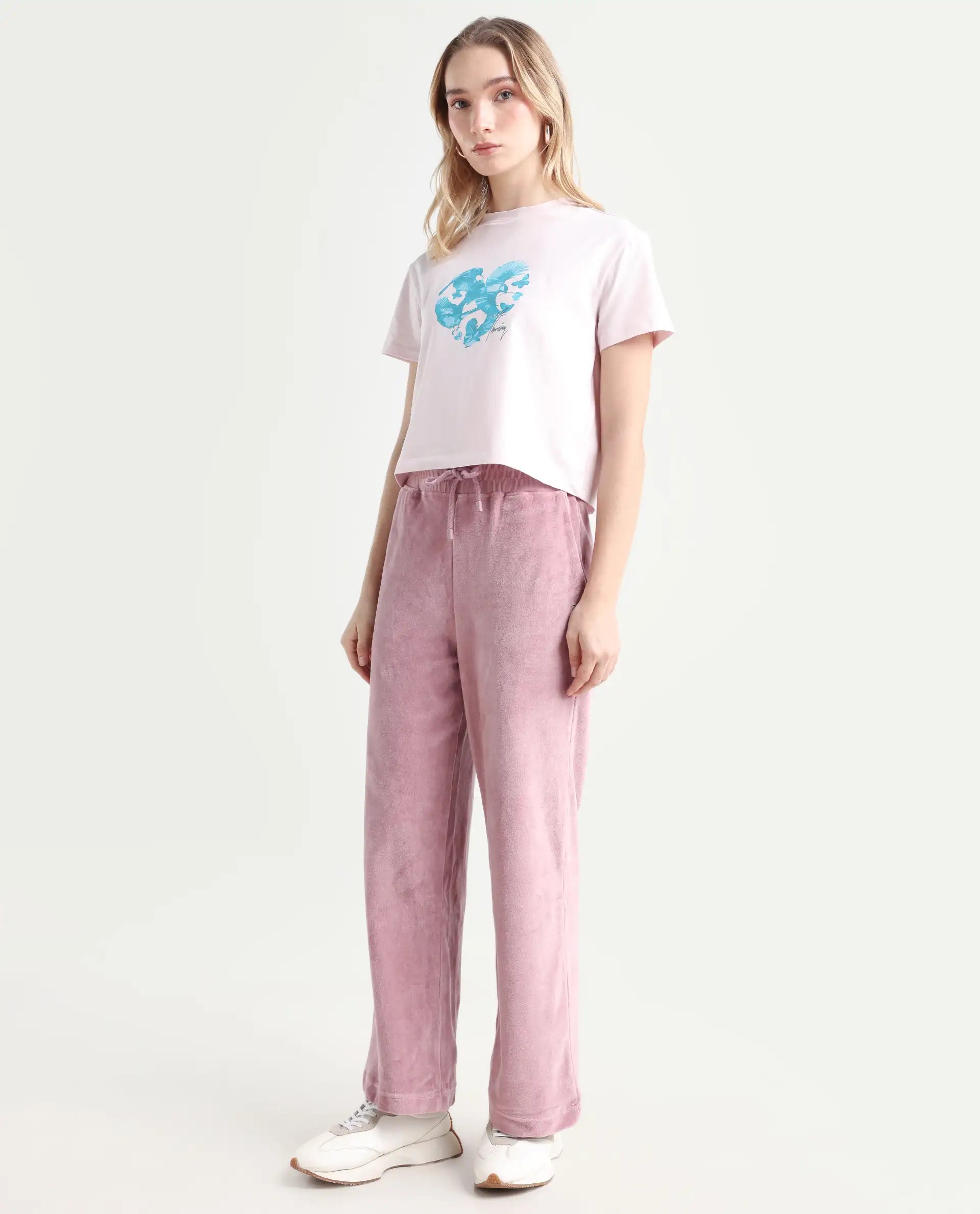 Rareism Women's Pazoo Tt Dusky Pink Cotton Blend Plain Ankle Length Flared Track Pant