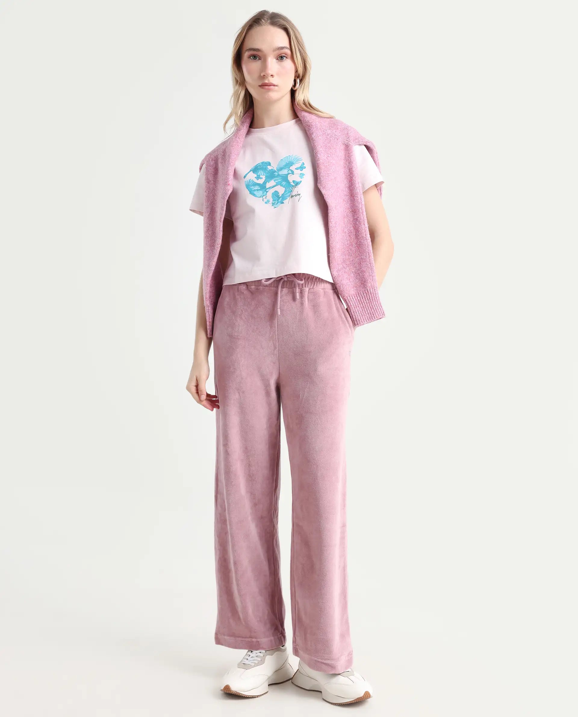 Rareism Women's Pazoo Tt Dusky Pink Cotton Blend Plain Ankle Length Flared Track Pant