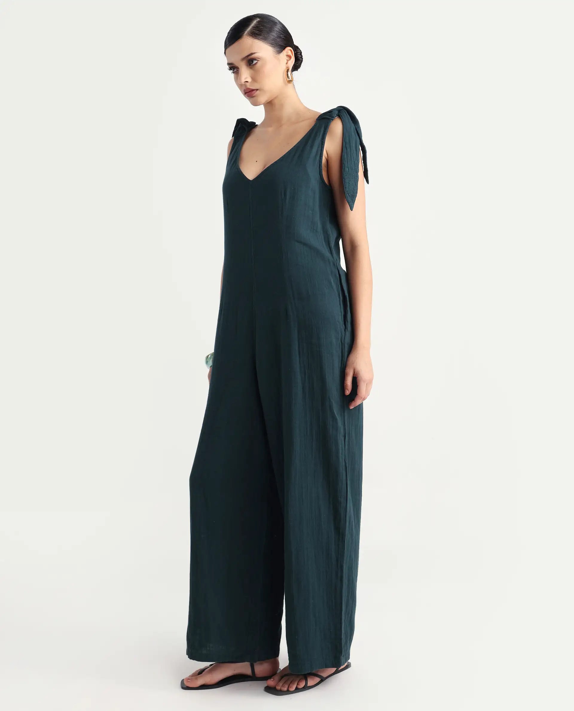 Rareism Women's Peanut Green Cotton V-Neck Plain Sleeveless Knee Length Tailored Jumpsuit