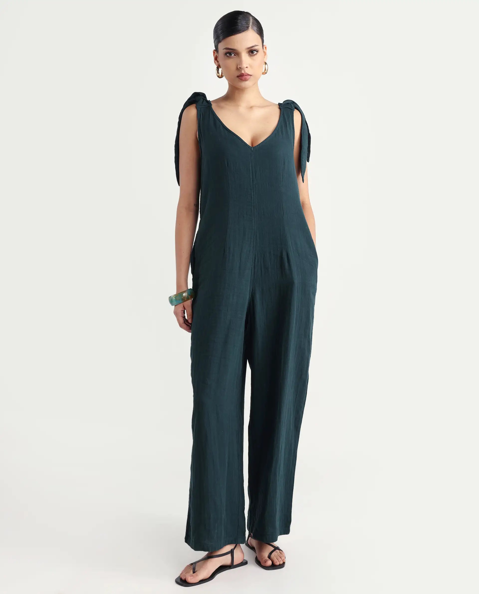 Rareism Women's Peanut Green Cotton V-Neck Plain Sleeveless Knee Length Tailored Jumpsuit