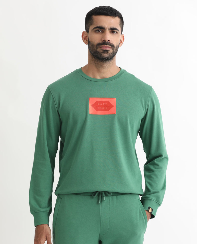 RARE RABBIT MENS PECTIN GREEN SWEATSHIRT COTTON POLYESTER TERRY FABRIC ROUND NECK KNITTED FULL SLEEVES COMFORTABLE FIT