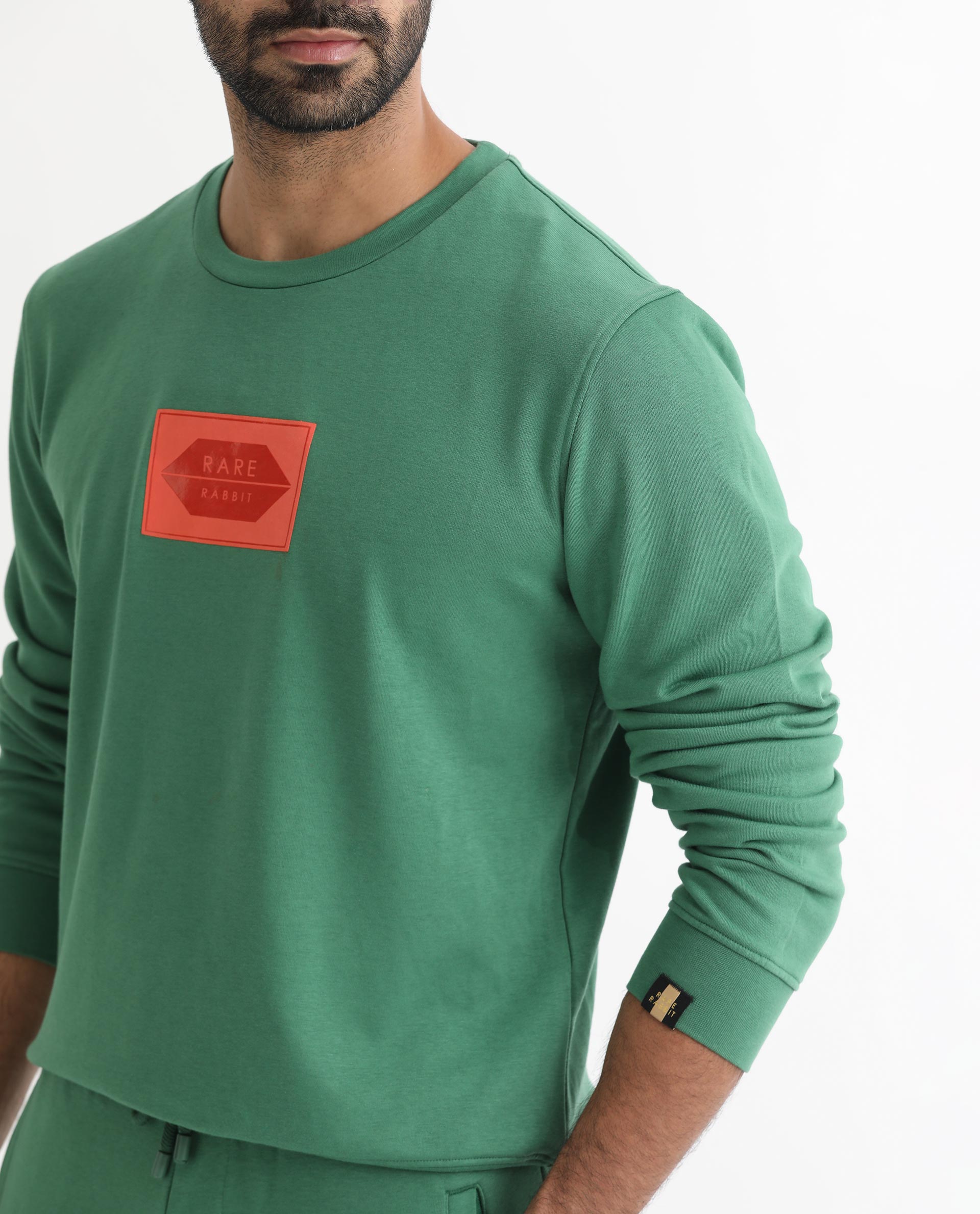 Rare Rabbit Men's Pectin Green Cotton Polyester Fabric Full Sleeves Graphic Print Sweatshirt