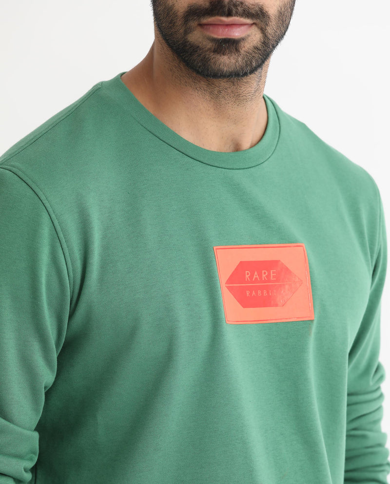 RARE RABBIT MENS PECTIN GREEN SWEATSHIRT COTTON POLYESTER TERRY FABRIC ROUND NECK KNITTED FULL SLEEVES COMFORTABLE FIT