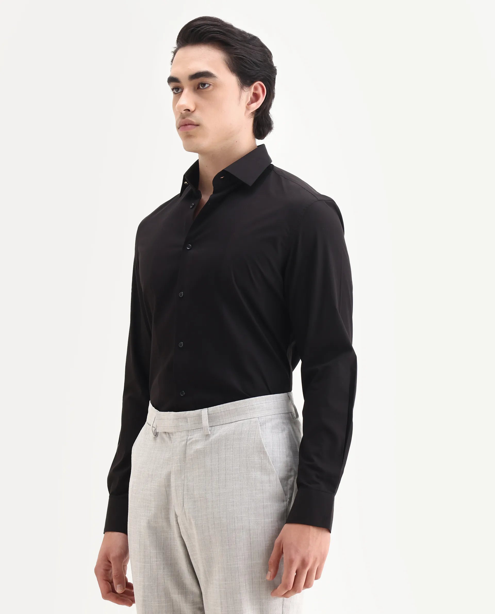 Rare Rabbit Men's Pedron-25 Black Cotton Spread Collar Regular Fit Jacquard Shirt