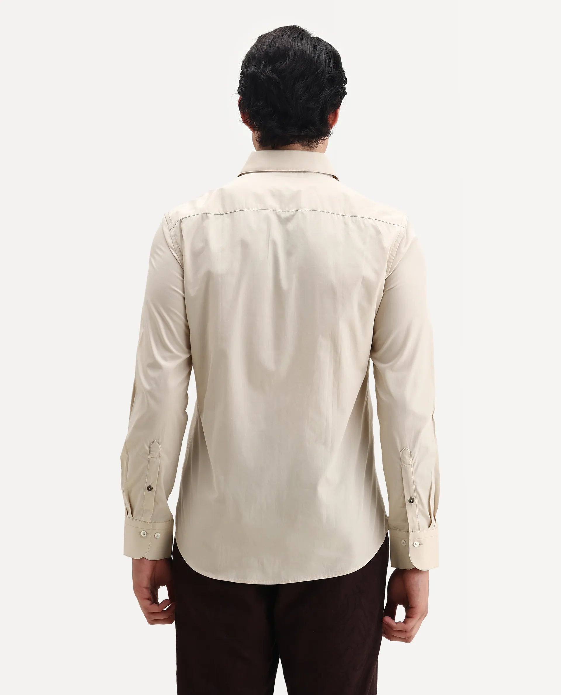 Rare Rabbit Men's Pedron Beige Cotton Plain Regular Fit Full Sleeve Collared Shirt