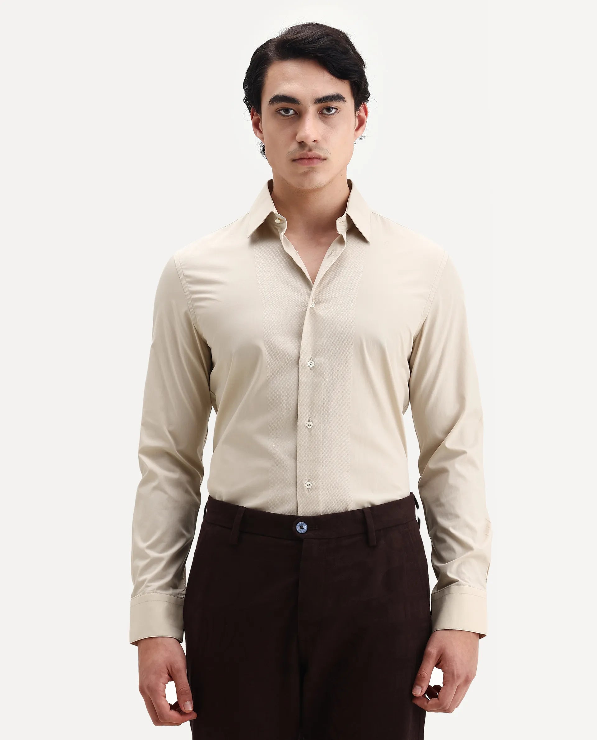 Rare Rabbit Men's Pedron Beige Cotton Plain Regular Fit Full Sleeve Collared Shirt