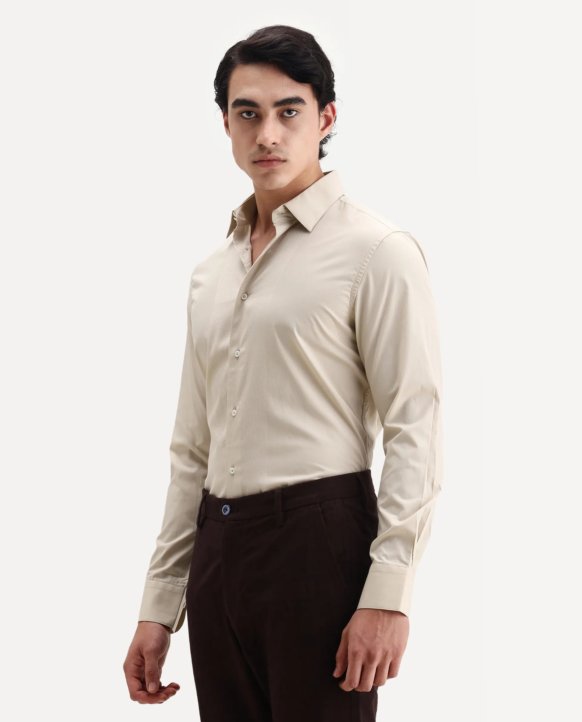 Rare Rabbit Men's Pedron Beige Cotton Plain Regular Fit Full Sleeve Collared Shirt