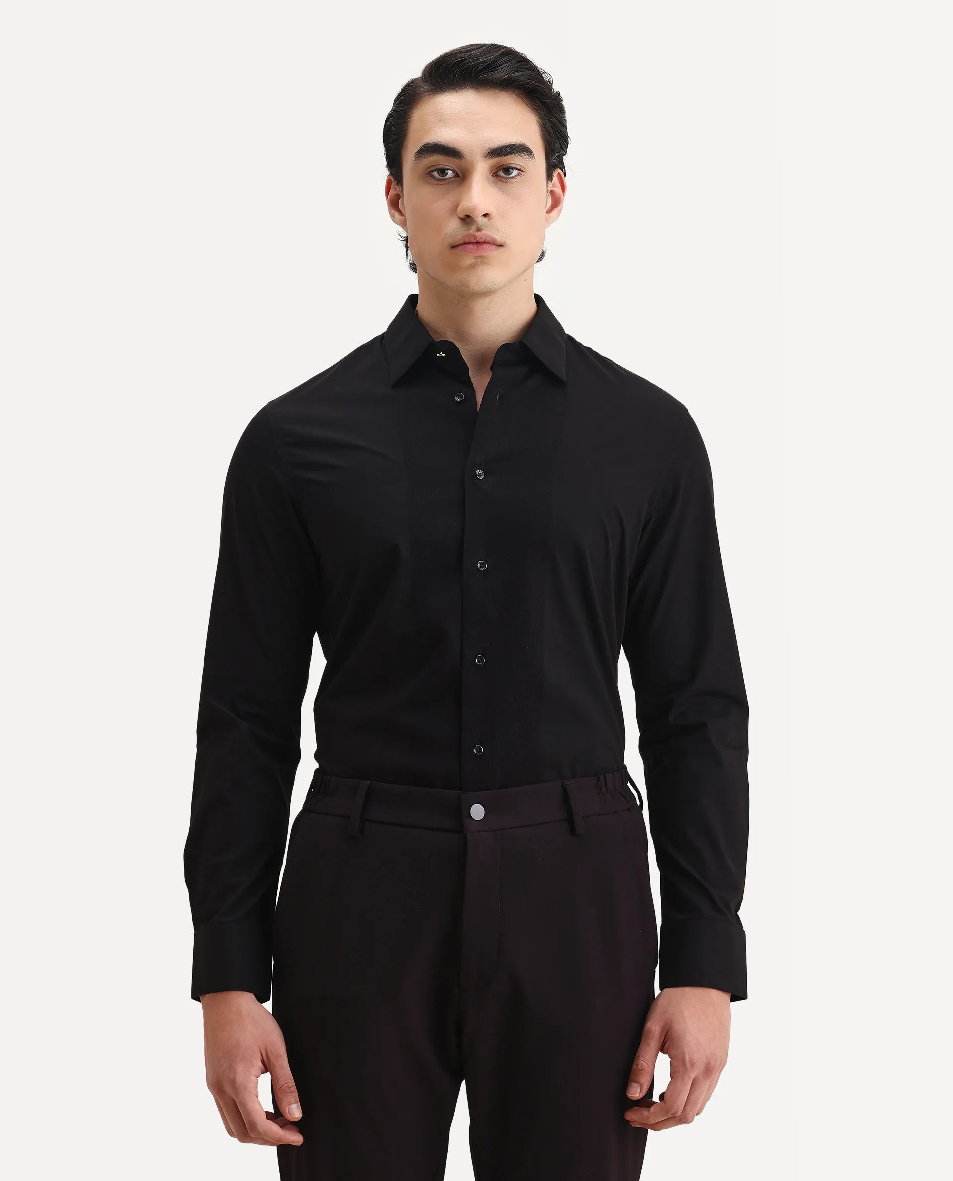 Rare Rabbit Men's Pedron Black Cotton Plain Regular Fit Full Sleeve Collared Shirt