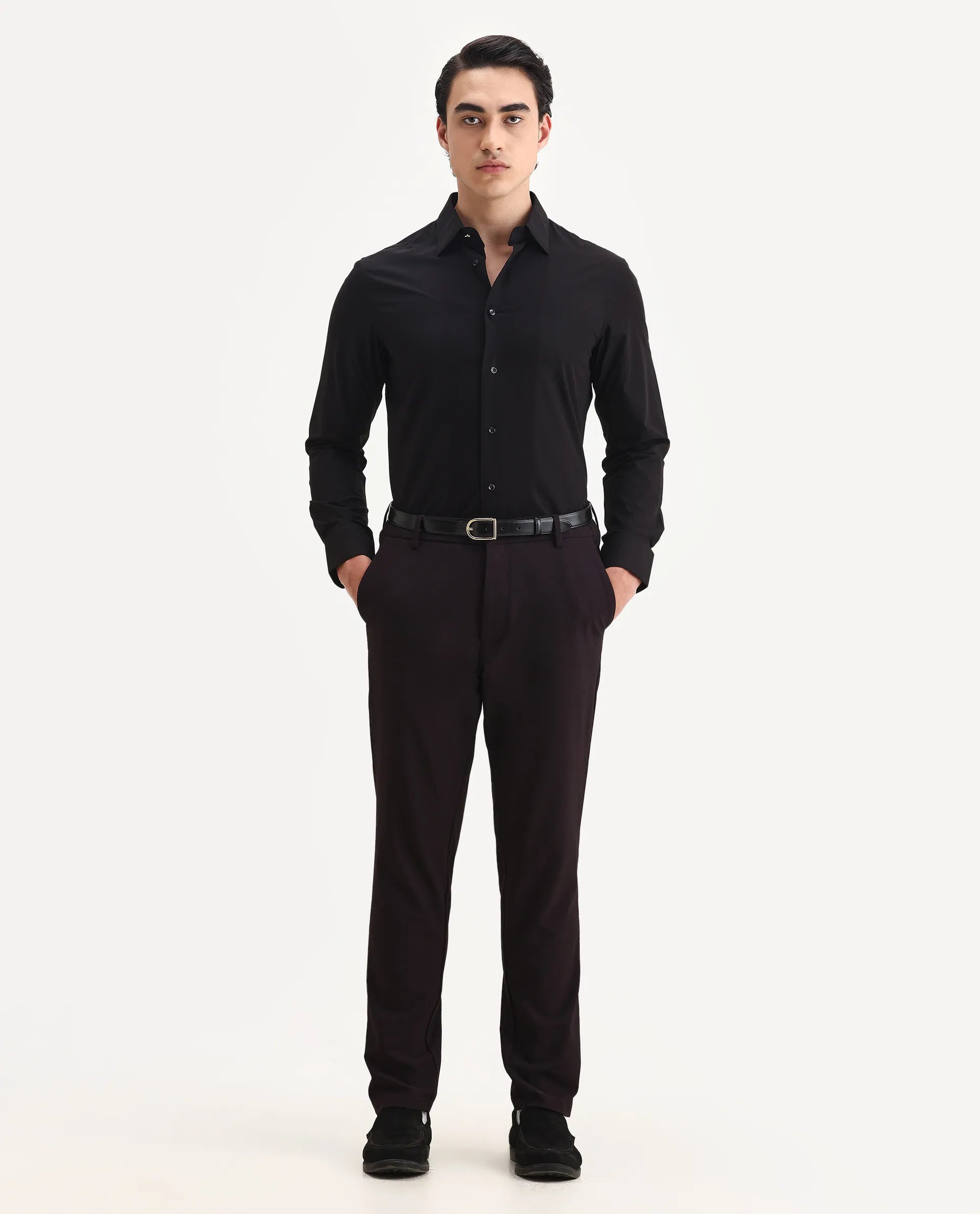 Rare Rabbit Men's Pedron Black Cotton Plain Regular Fit Full Sleeve Collared Shirt