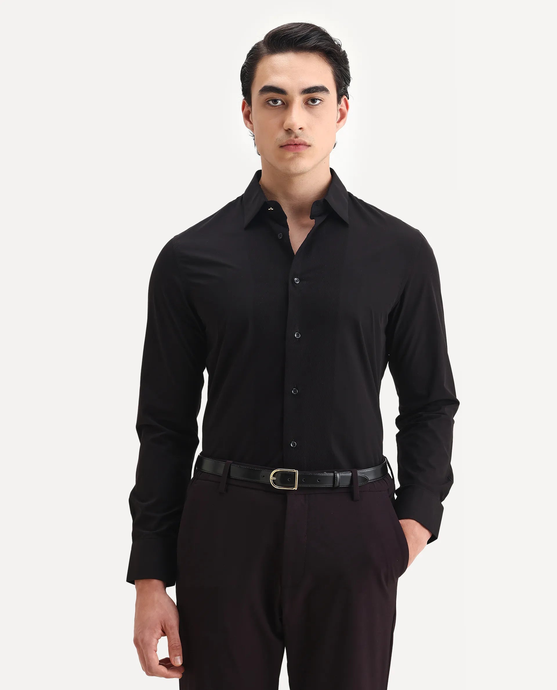 Rare Rabbit Men's Pedron Black Cotton Plain Regular Fit Full Sleeve Collared Shirt