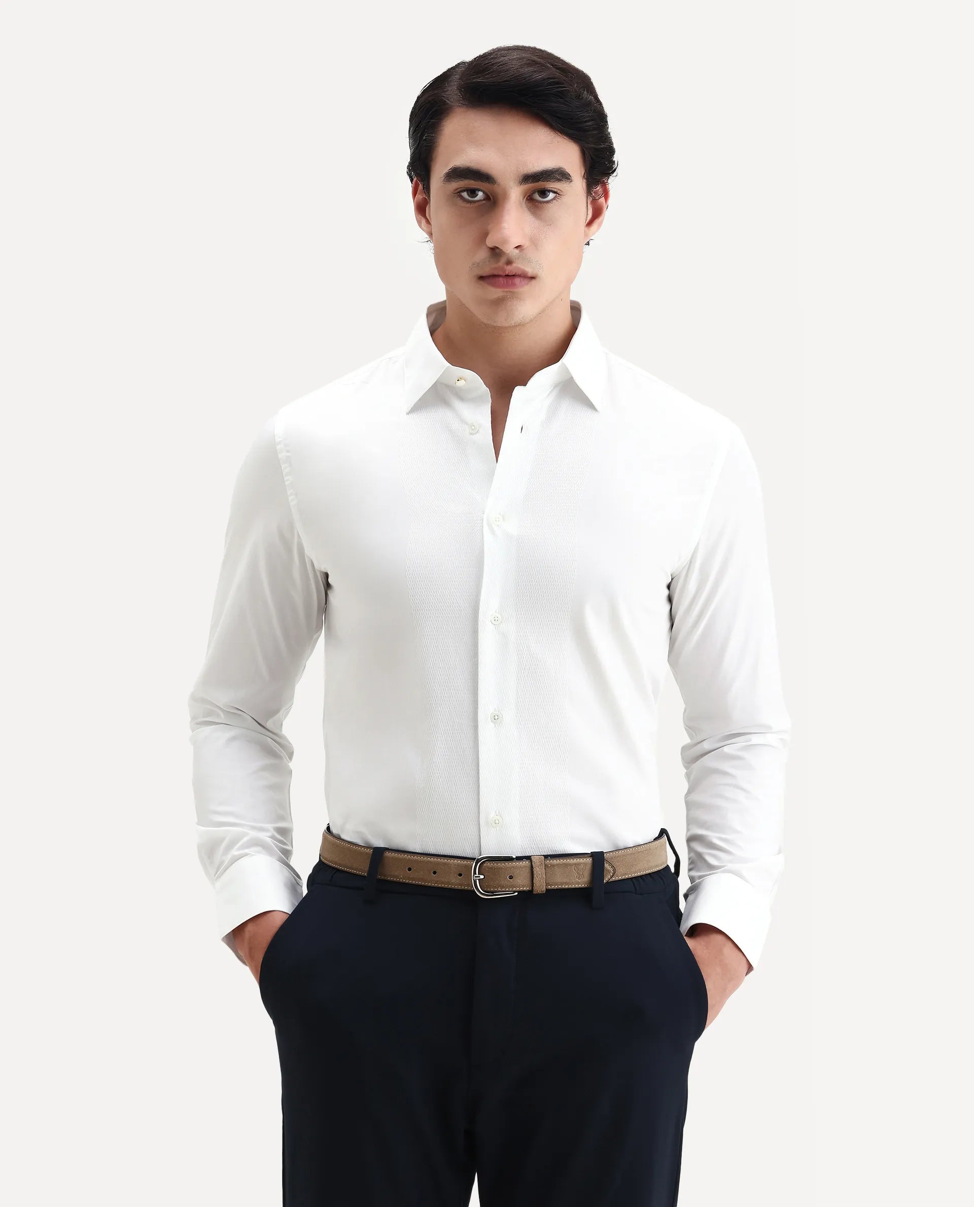 Rare Rabbit Men's Pedron White Cotton Plain Regular Fit Full Sleeve Collared Shirt