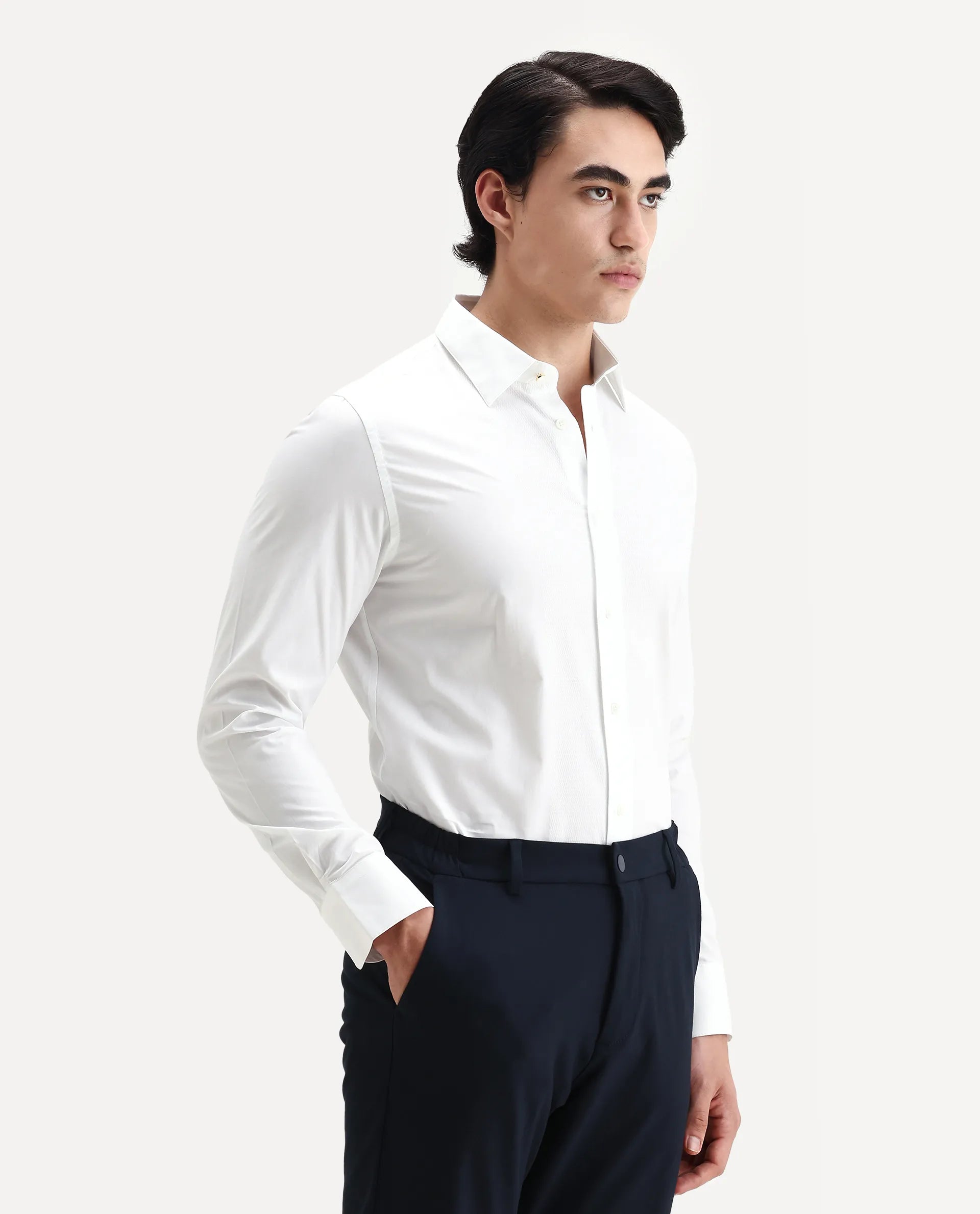 Rare Rabbit Men's Pedron White Cotton Plain Regular Fit Full Sleeve Collared Shirt