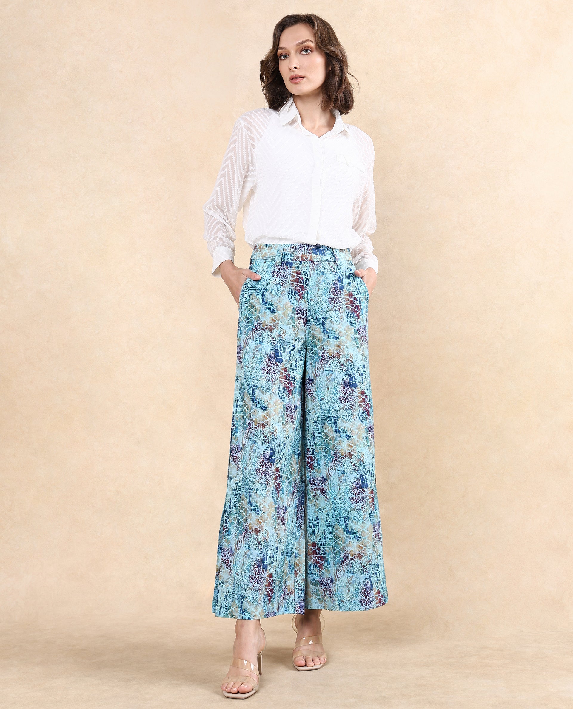 Rareism Women Pescara Multi Button Closure Wide Fit Ankle Length Abstract Print Trouser