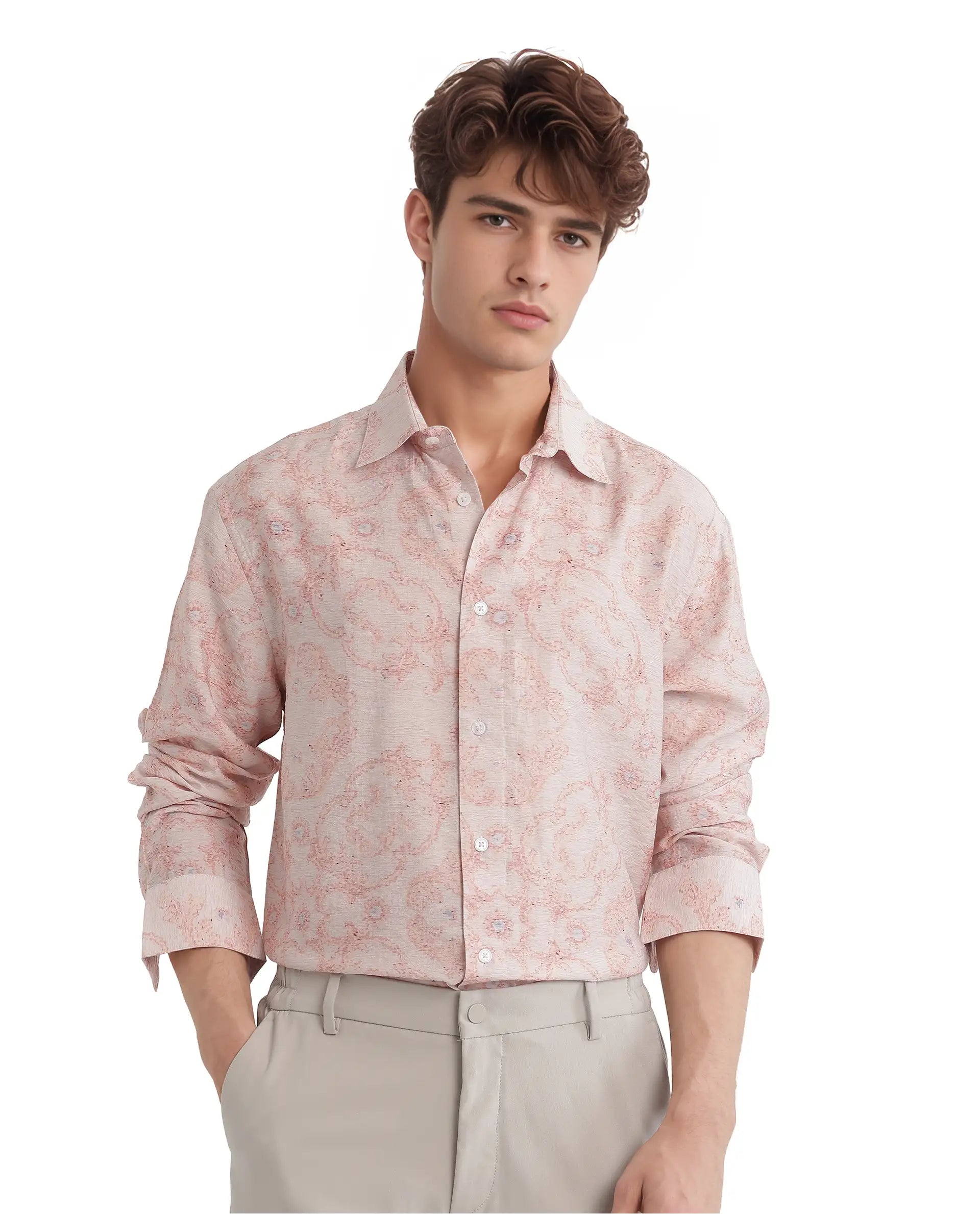 Rare Rabbit Men Pelden Dusky Pink Viscose Fabric Full Sleeve Regular Collared Floral Printed Shirt