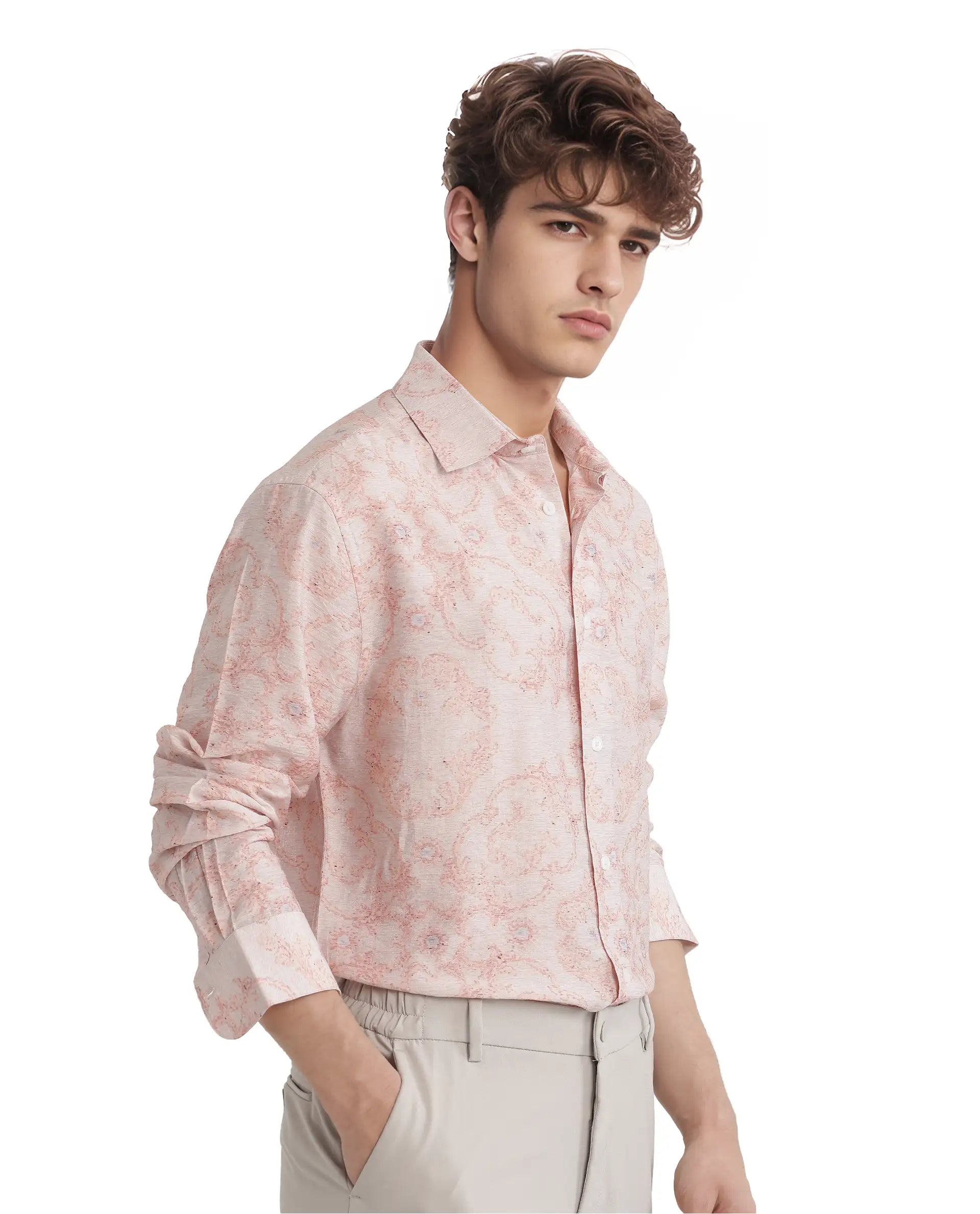 Rare Rabbit Men Pelden Dusky Pink Viscose Fabric Full Sleeve Regular Collared Floral Printed Shirt