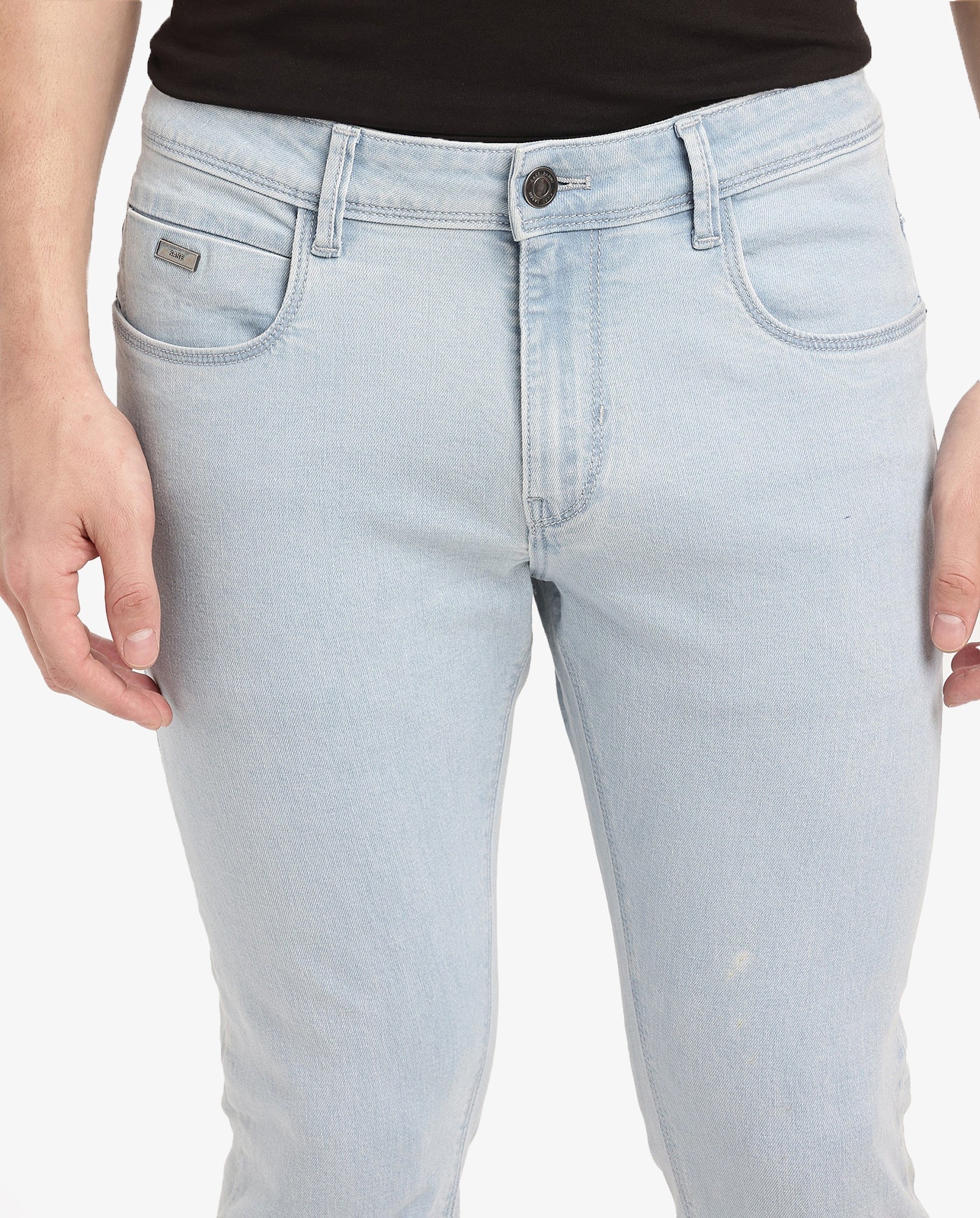 Rare Rabbit Mens Pelin Light Blue Cotton Elastane Slim Fit Solid Jeans