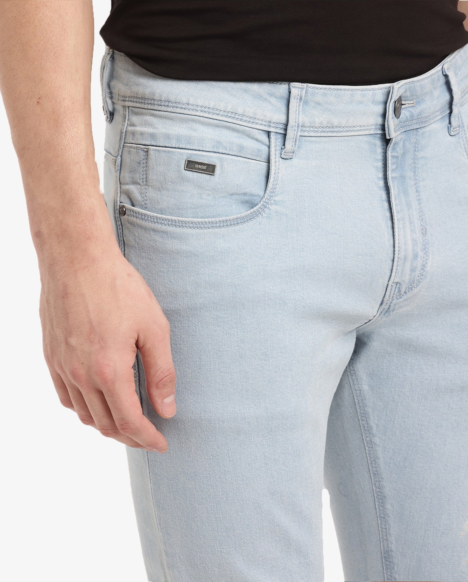 Rare Rabbit Mens Pelin Light Blue Cotton Elastane Slim Fit Solid Jeans