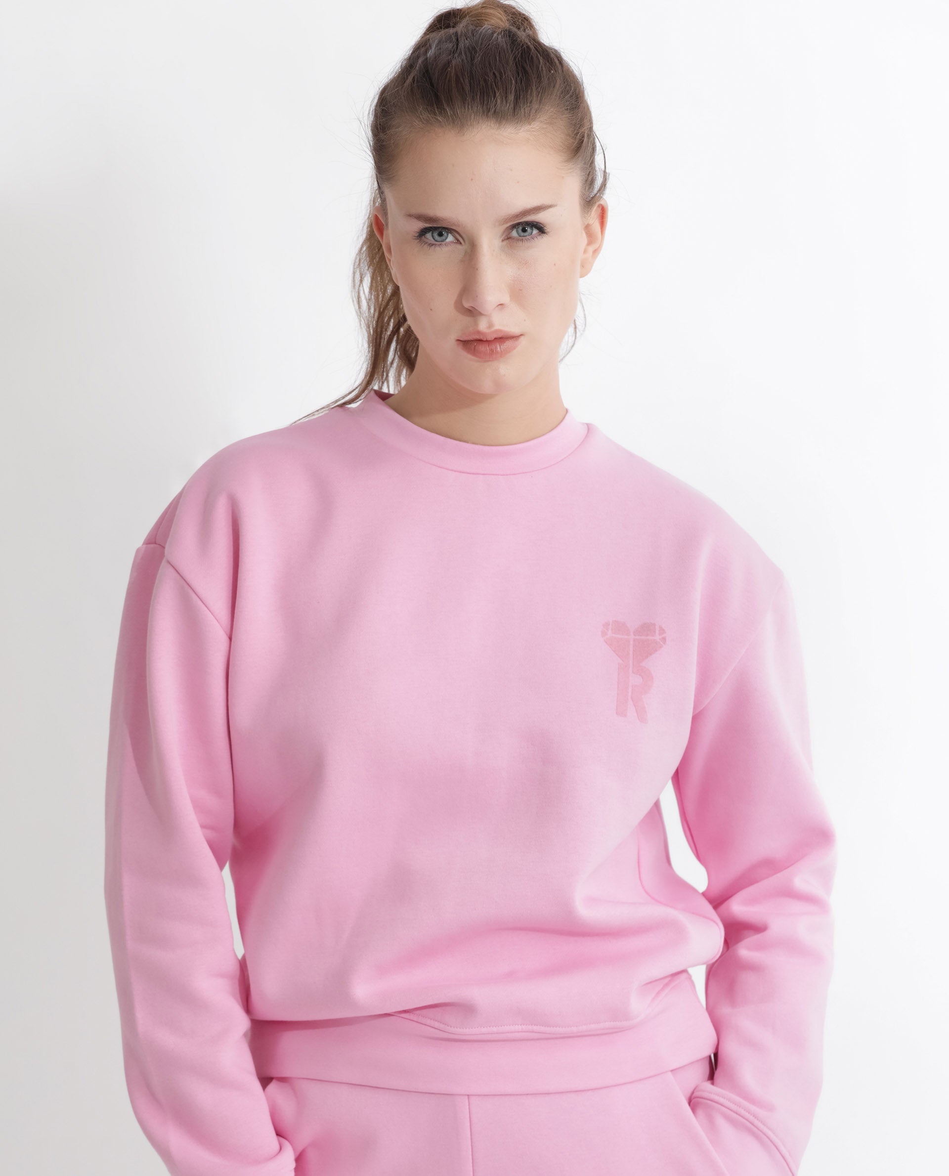 Rareism Articale Women Pelser Light Pink Poly Cotton Fabric Full Sleeves Cuffed Sleeve Ribbed Collar Relaxed Fit Plain Sweatshirt