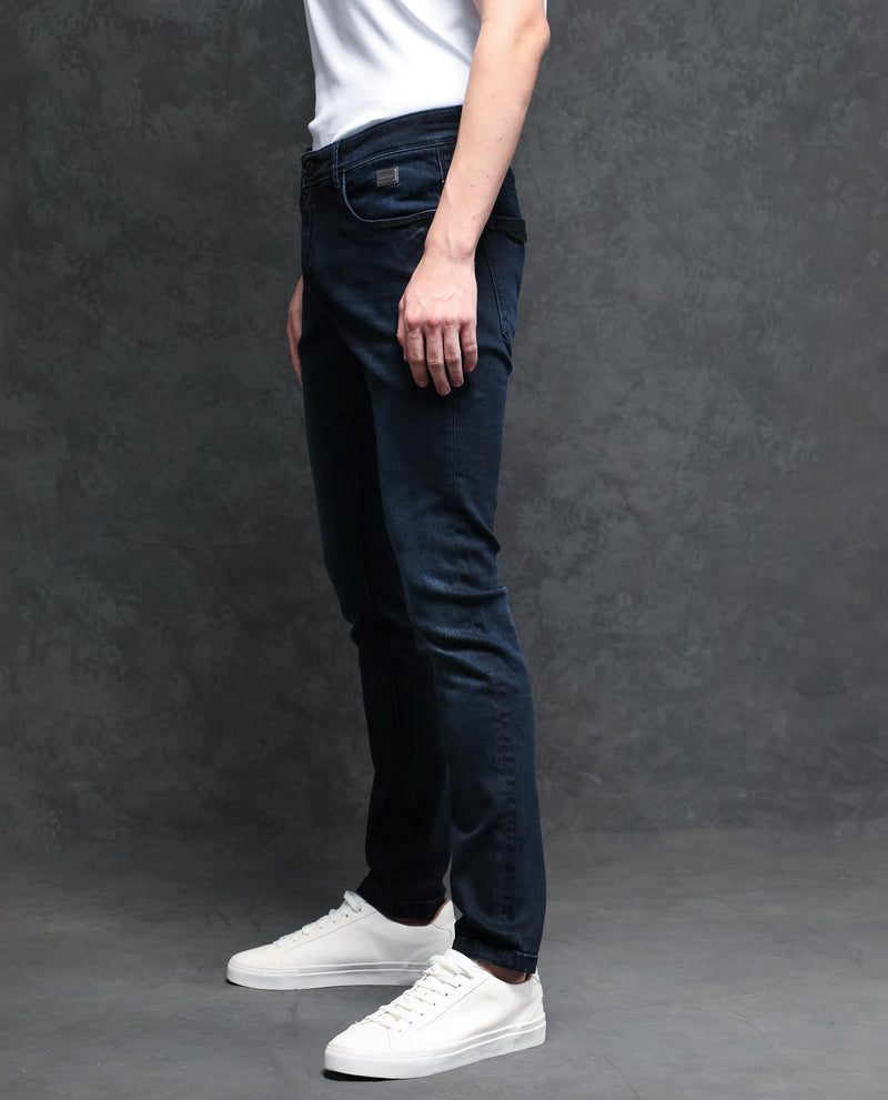 Rare Rabbit Men's Penelope Navy Mid Wash Mid-Rise Slim Fit Jeans