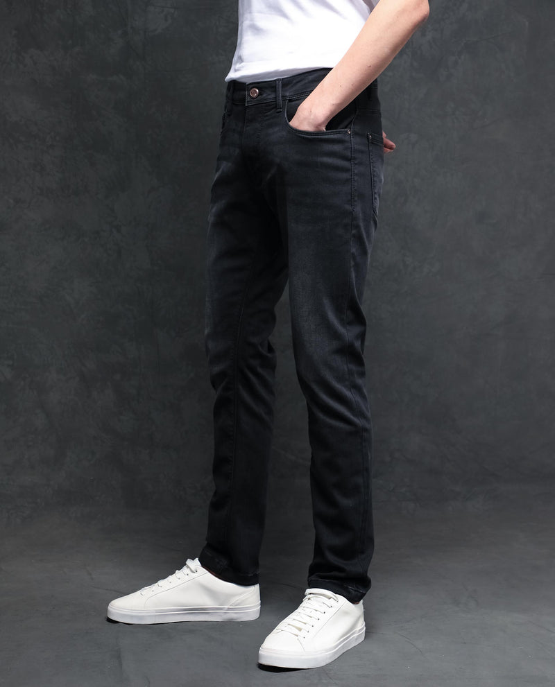 Rare Rabbit Men's Orleans Black Mid Wash Mid-Rise Slim Fit Jeans
