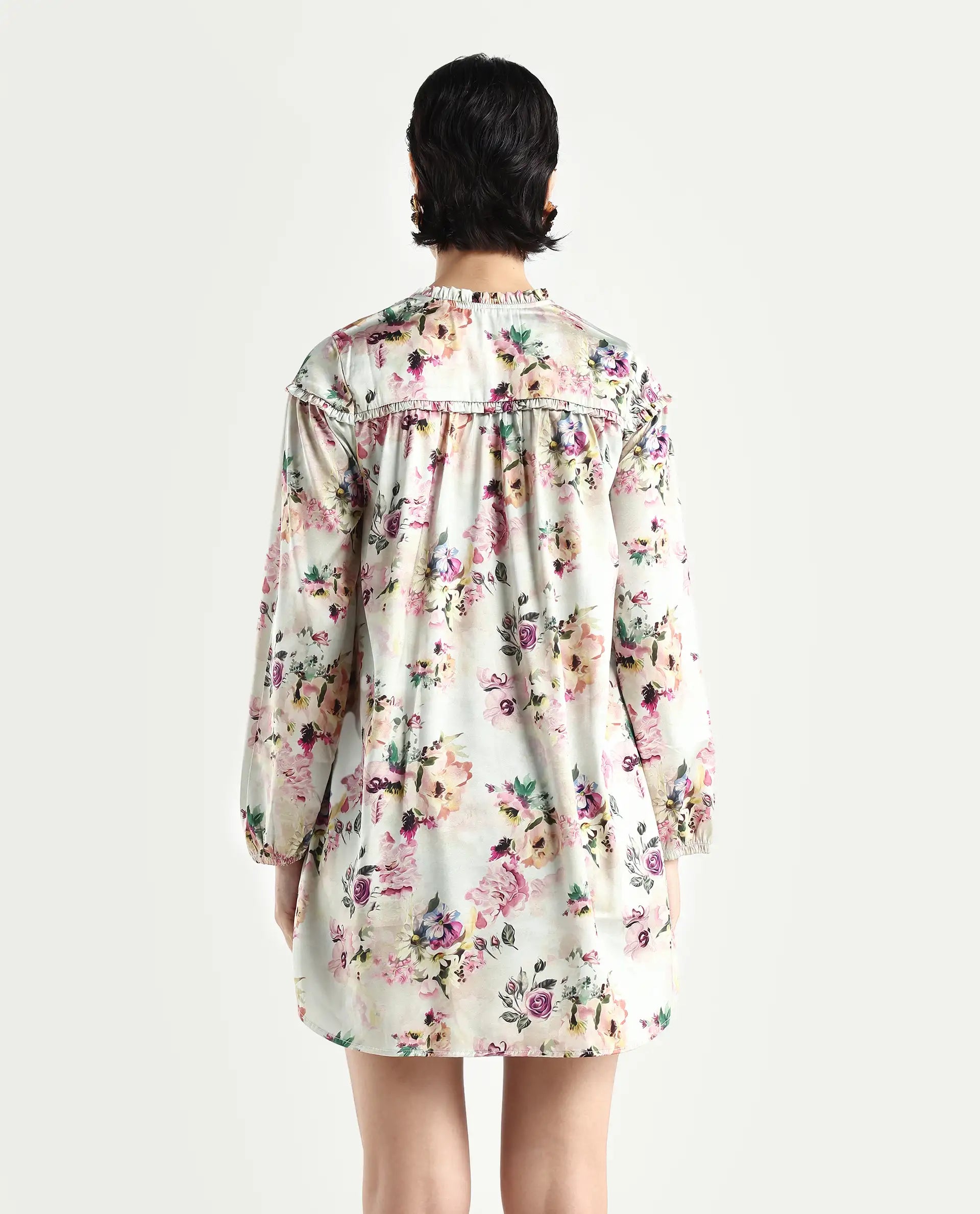 Rareism Women's Penelope Beige Polyester Ruffled Neck Floral Print Mini Regular Fit Dress