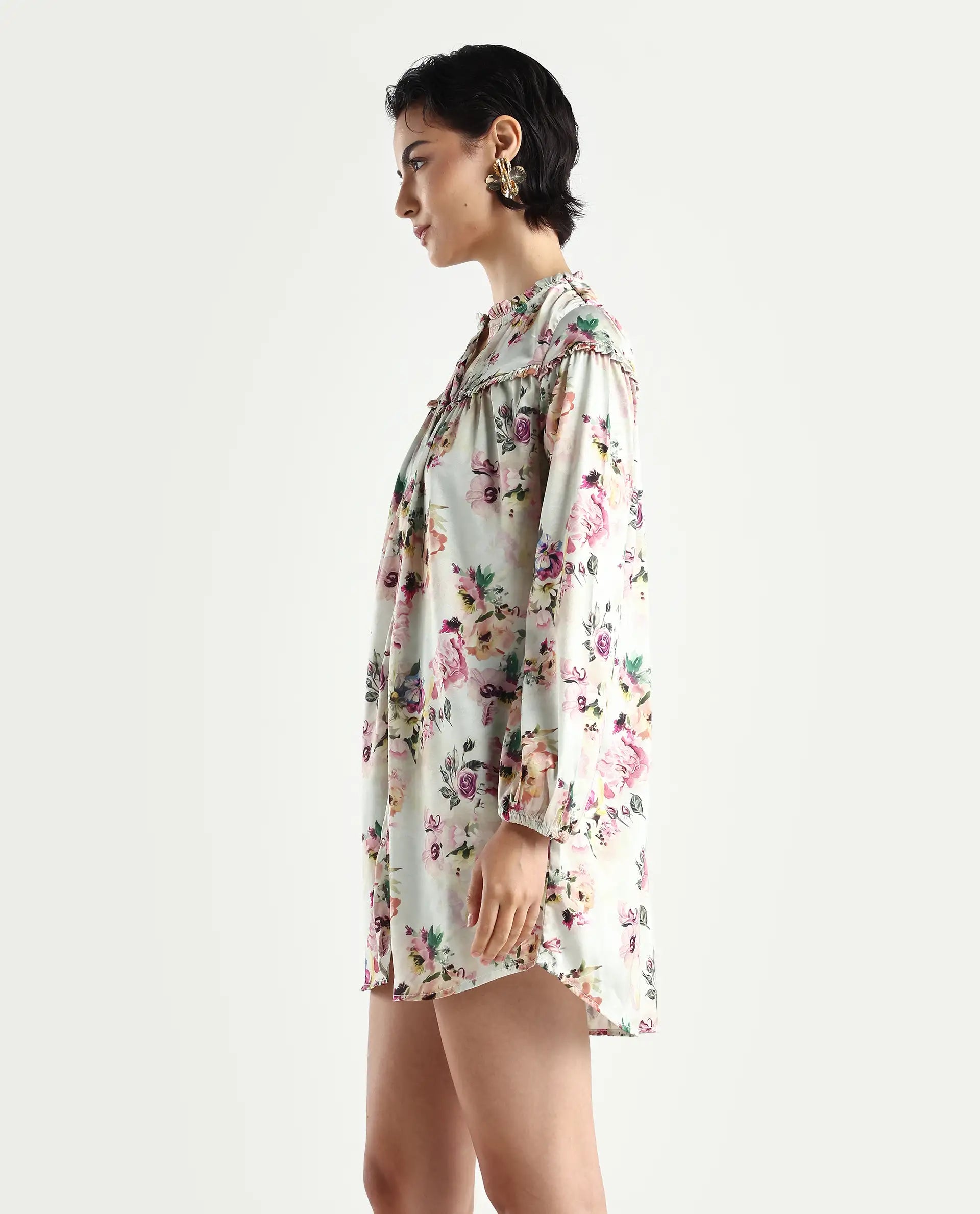 Rareism Women's Penelope Beige Polyester Ruffled Neck Floral Print Mini Regular Fit Dress