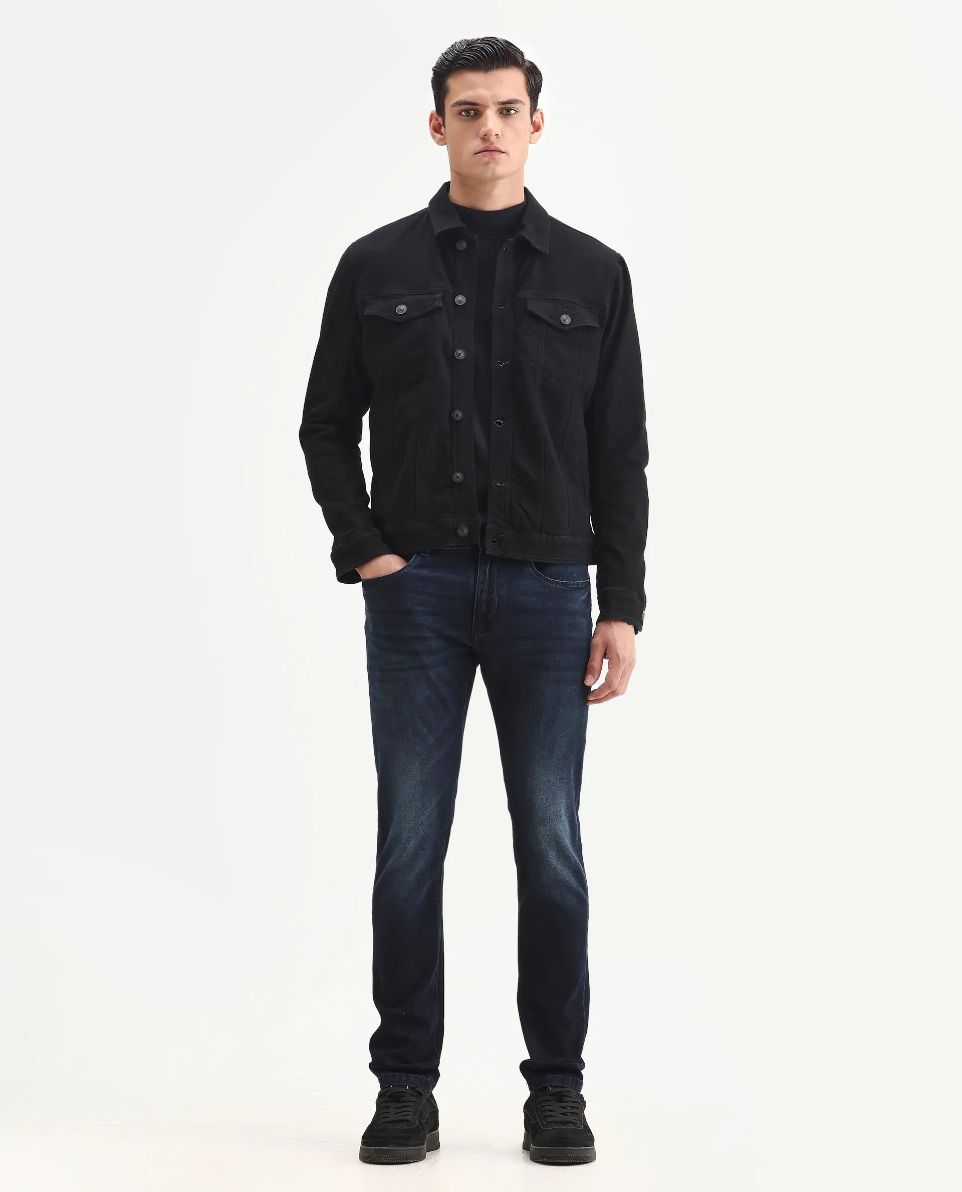 Rare Rabbit Men's Penelope Navy Cotton Plain Hawk Slim Fit Jeans