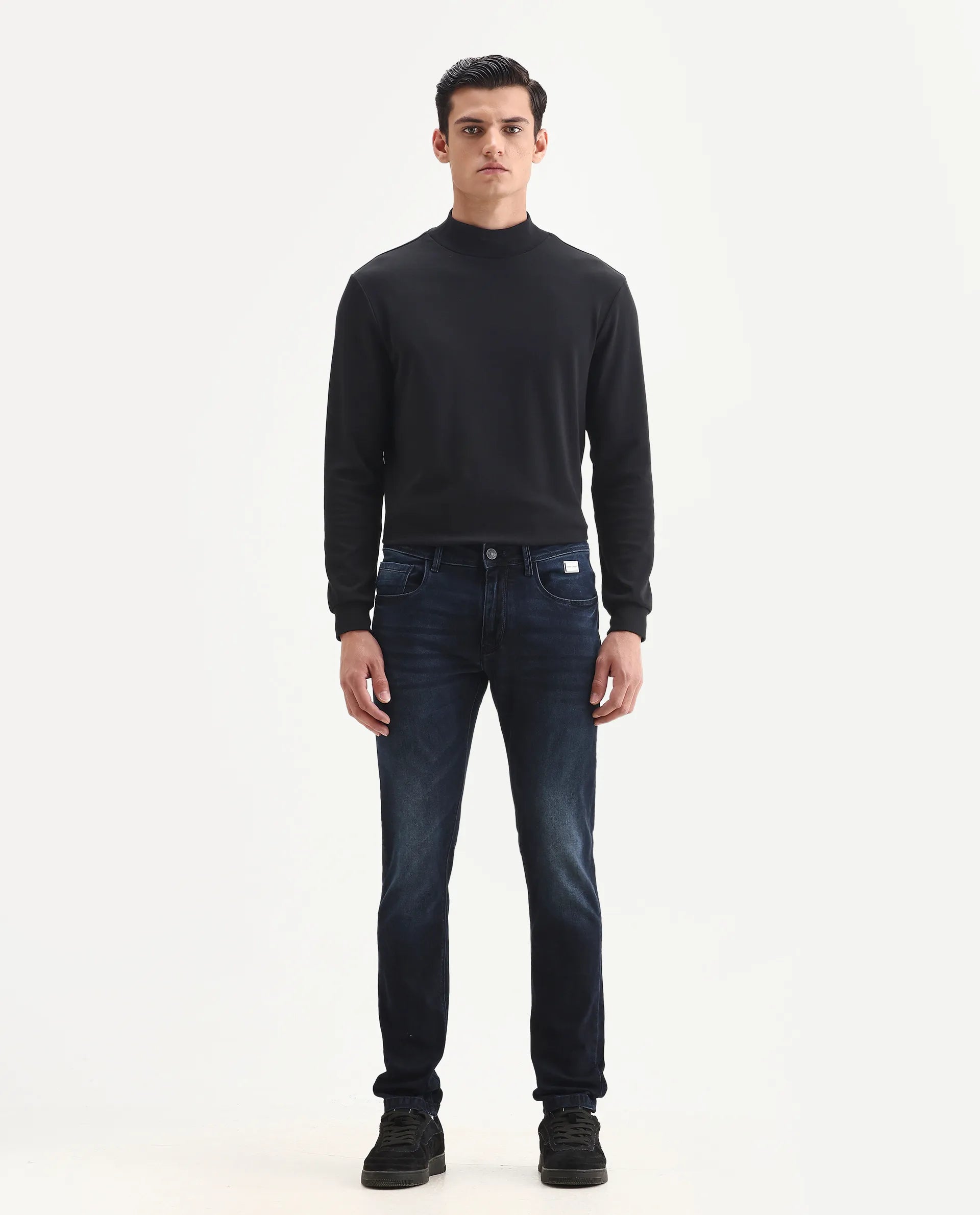 Rare Rabbit Men's Penelope Navy Cotton Plain Hawk Slim Fit Jeans